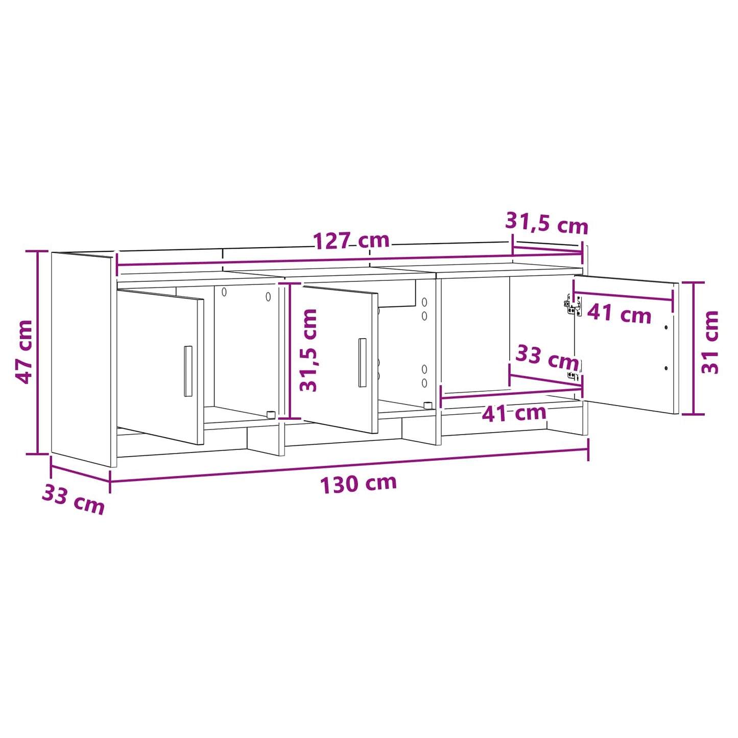 TV Cabinet 130 x 33 x 47 cm White Engineered Wood