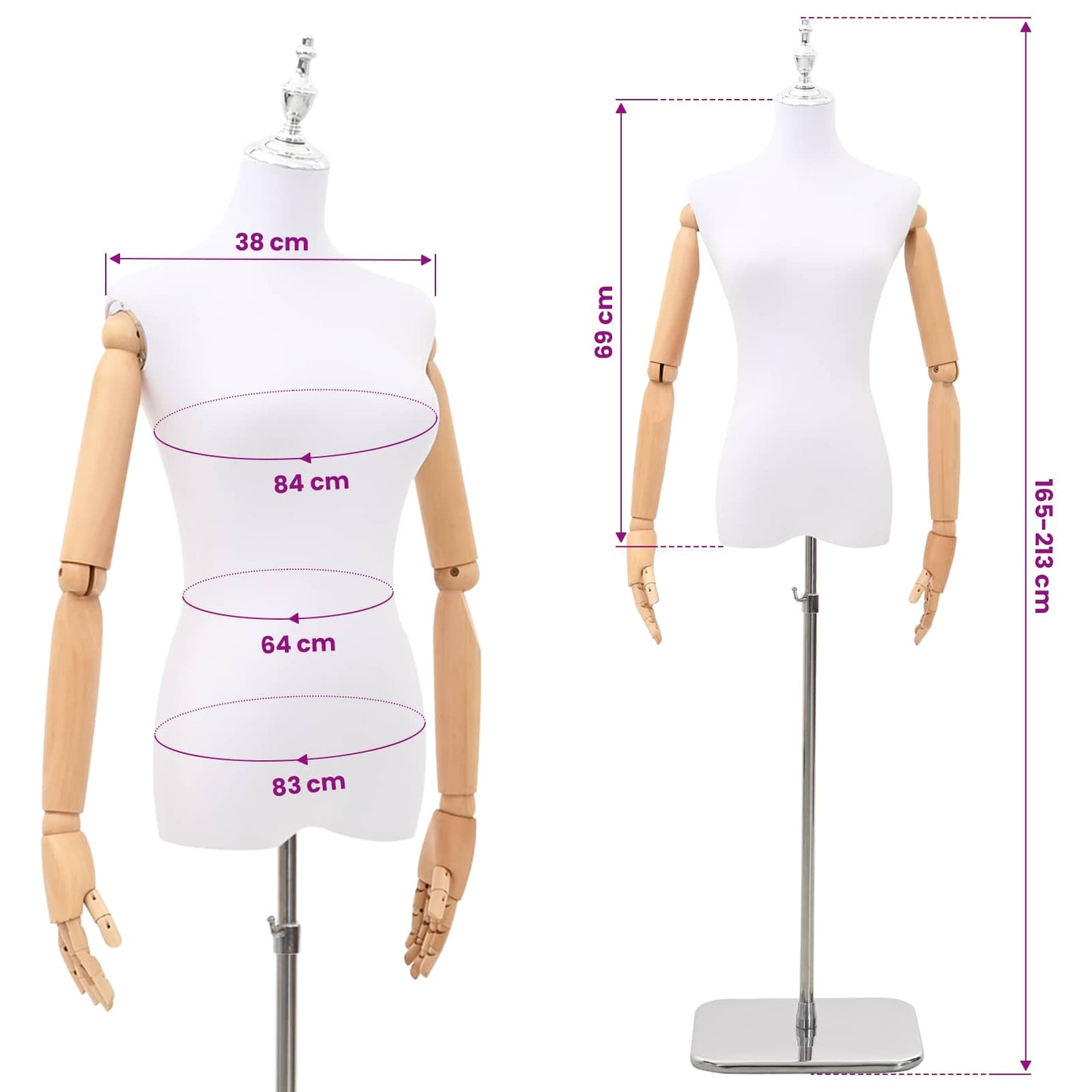 Adjustable 165-213 cm Mannequin with Base Female PP White