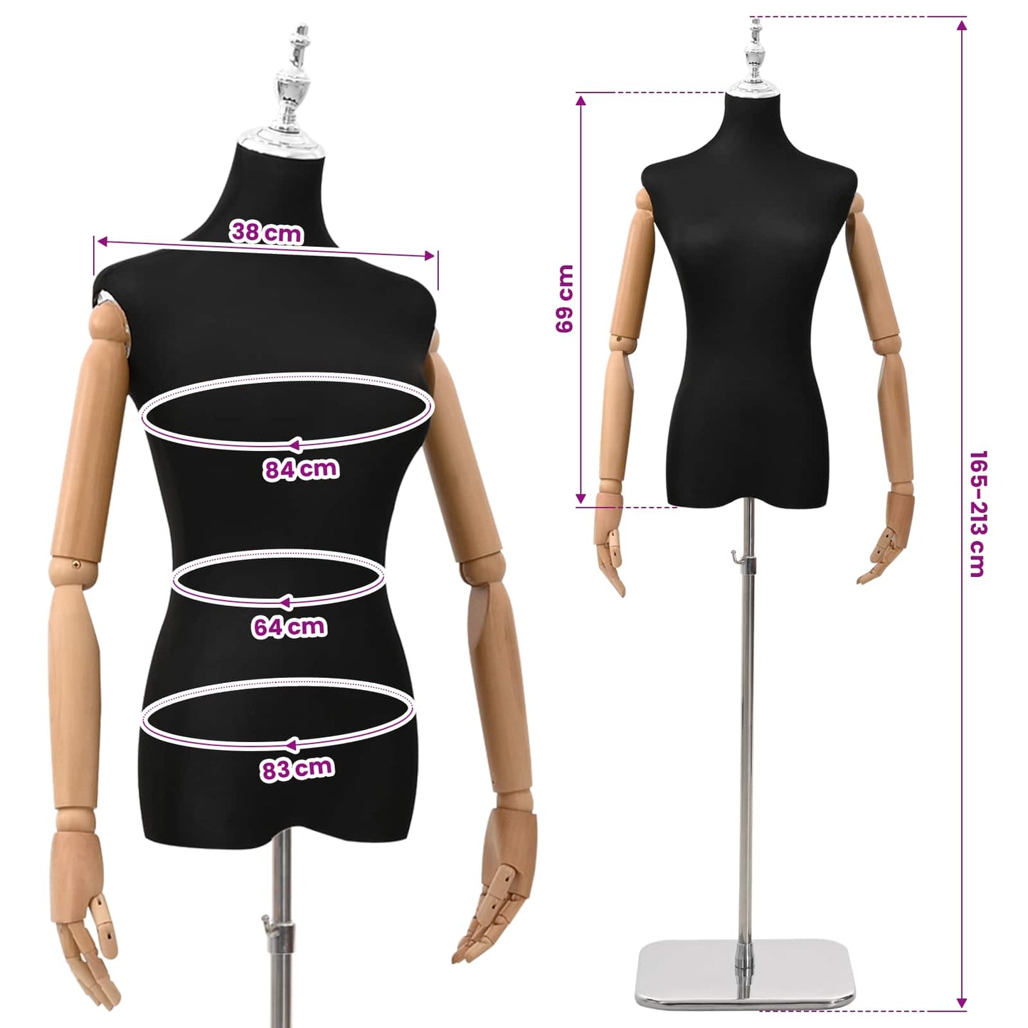Adjustable 165-213 cm Mannequin with Base Female PP Black
