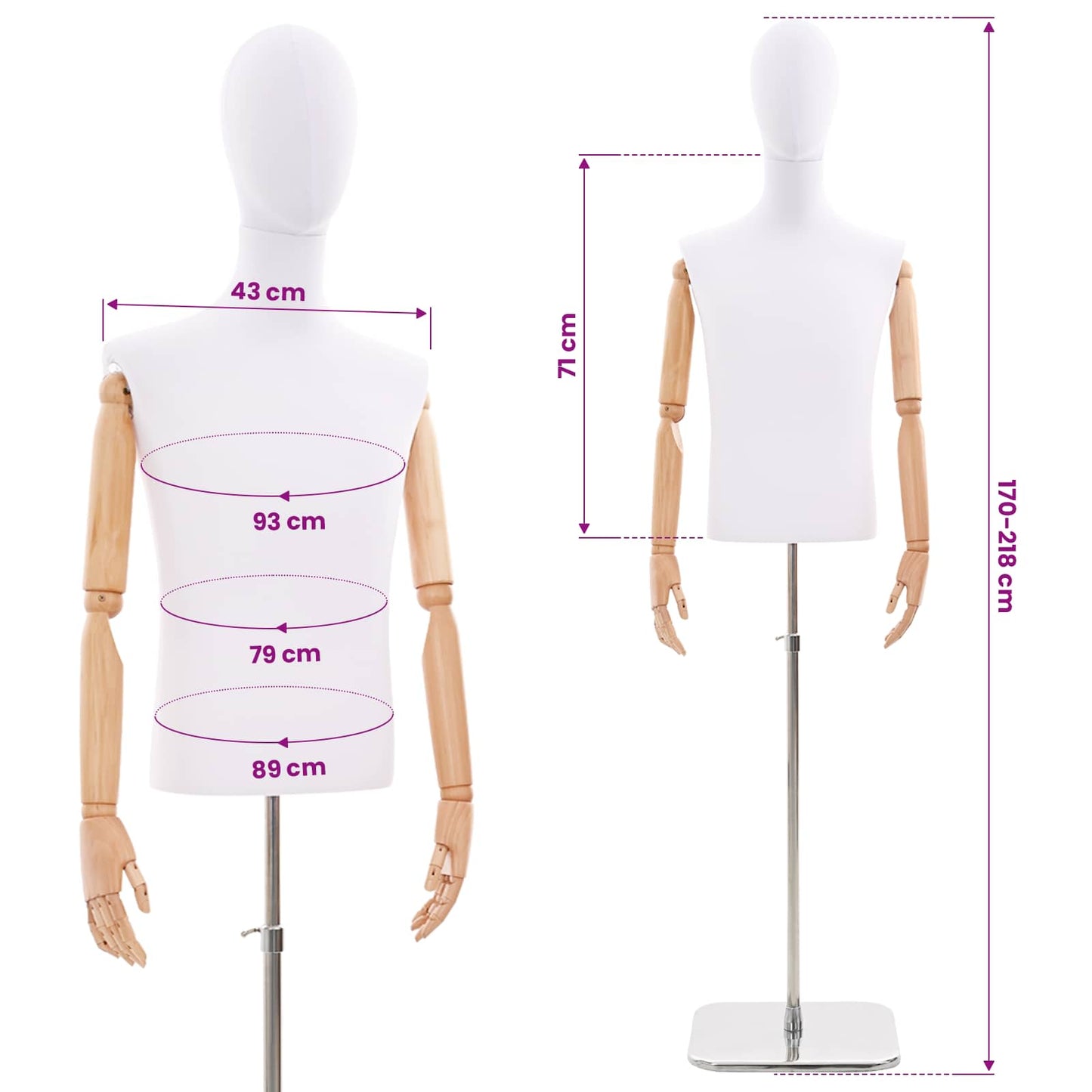 Adjustable 170-218 cm Mannequin with Base Male PP White