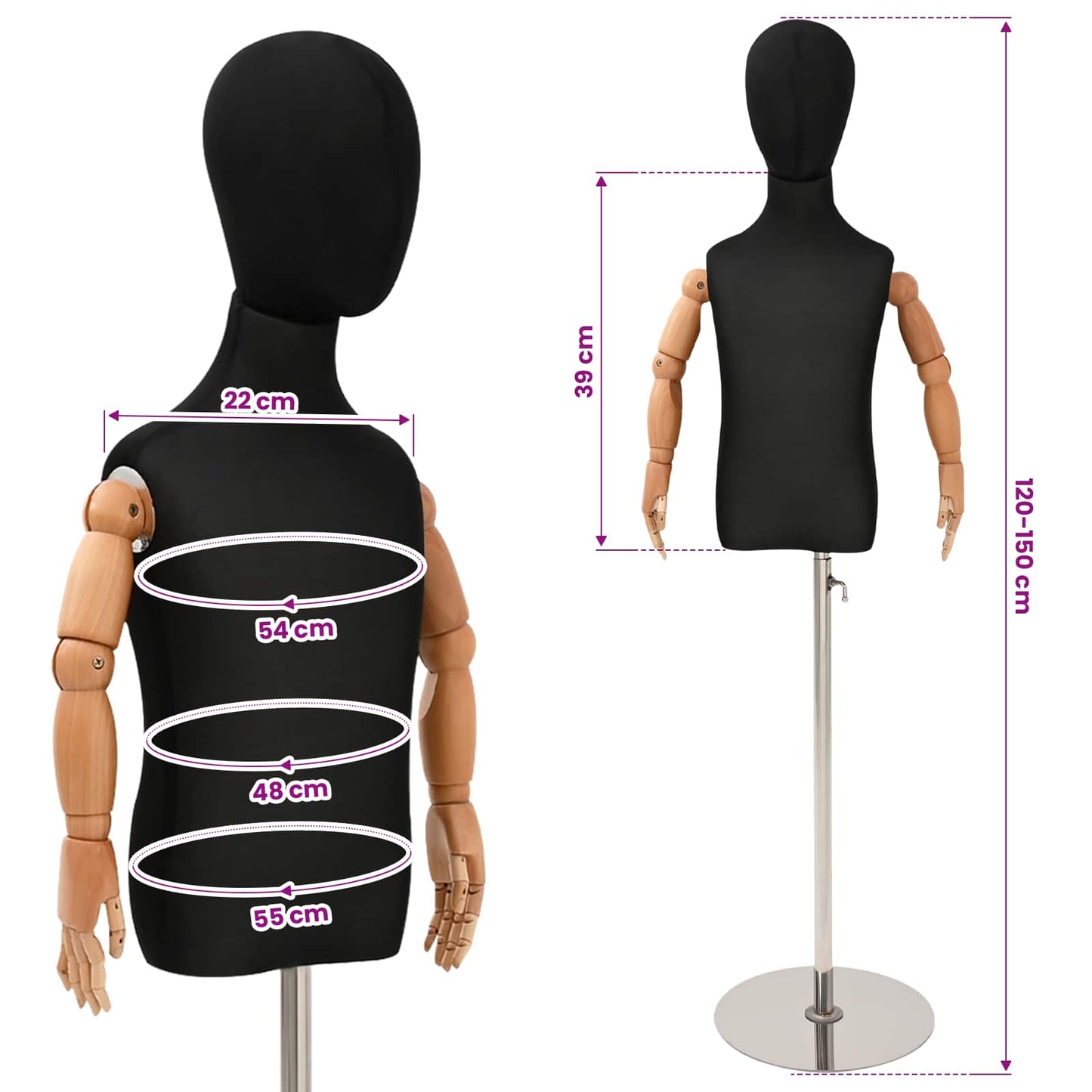 Adjustable 120-150 cm Mannequin with Base Unisex PP Black