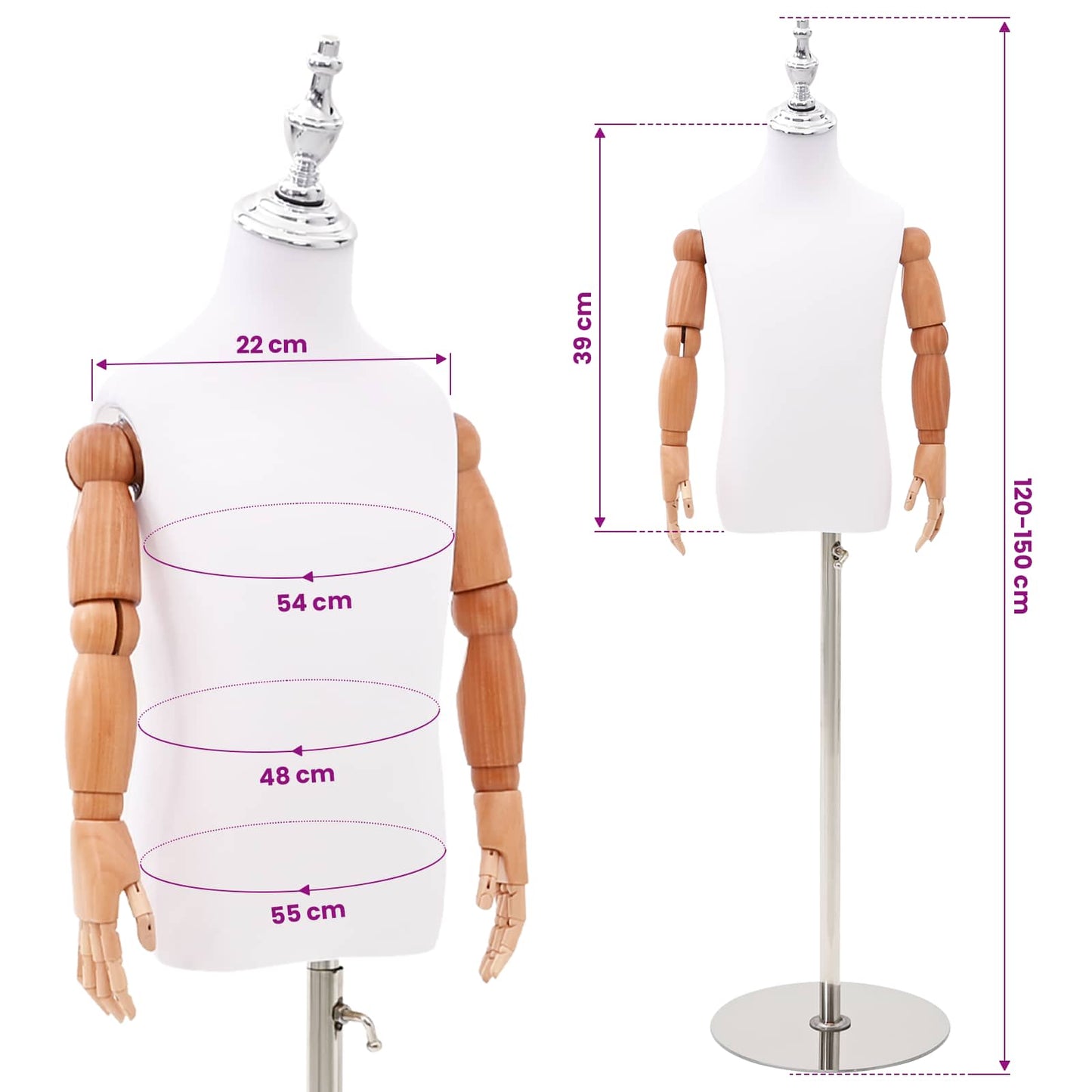 Adjustable 120-150 cm Mannequin with Base Unisex PP White