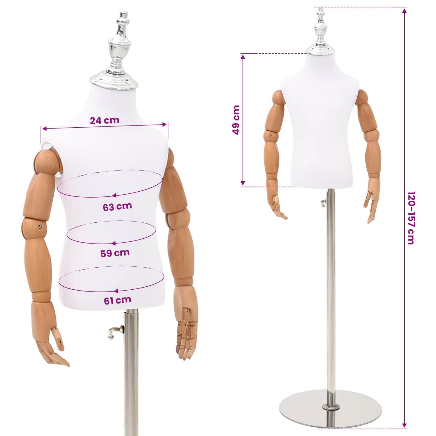 Adjustable 120-157 cm Mannequin with Base Unisex PP White