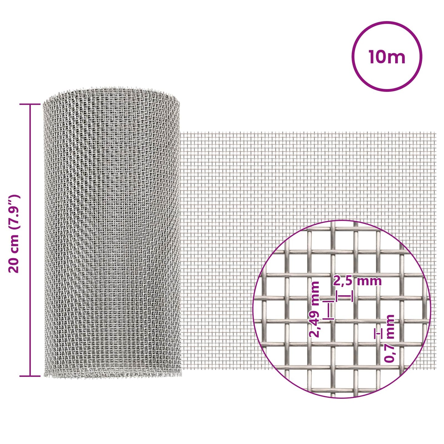 Mesh Screen 20 x 1000 cm 8 Mesh Stainless Steel 201 Silver