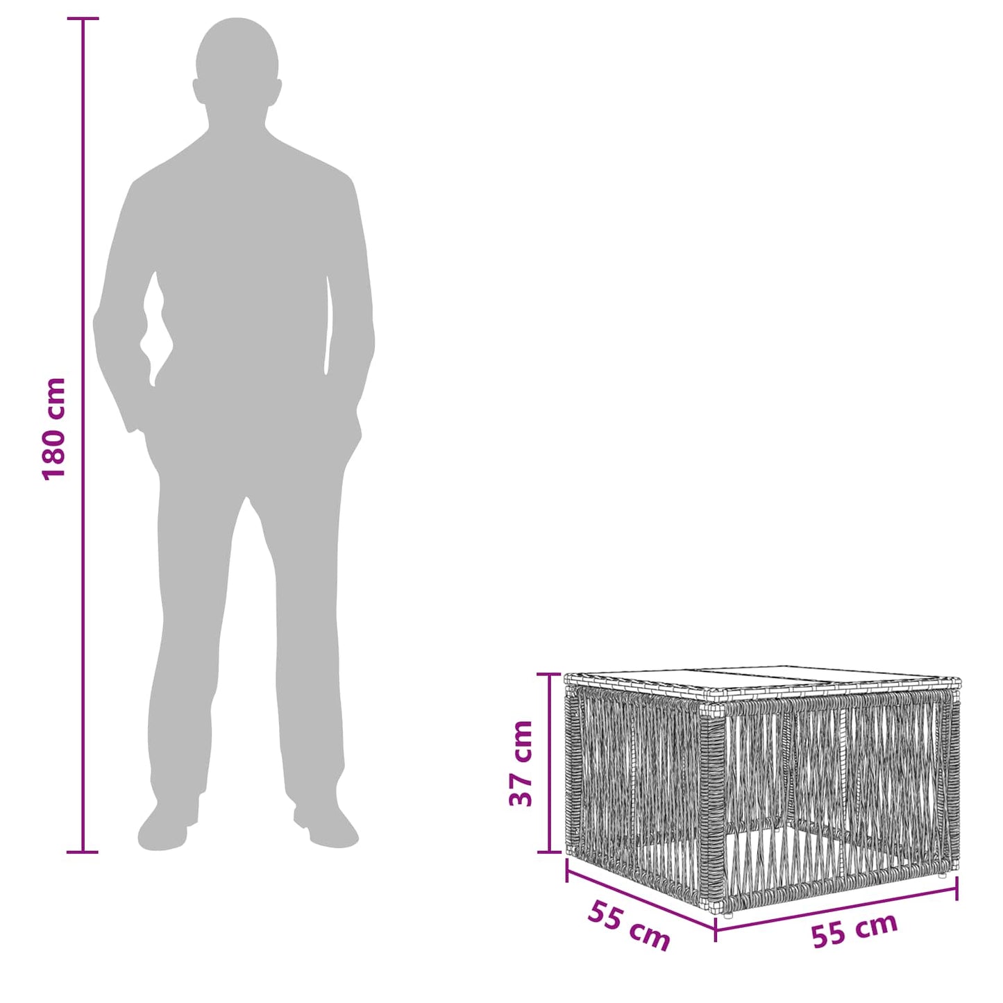 Garden Table Black 55 x 55 x 37 cm PE Rattan and Glass