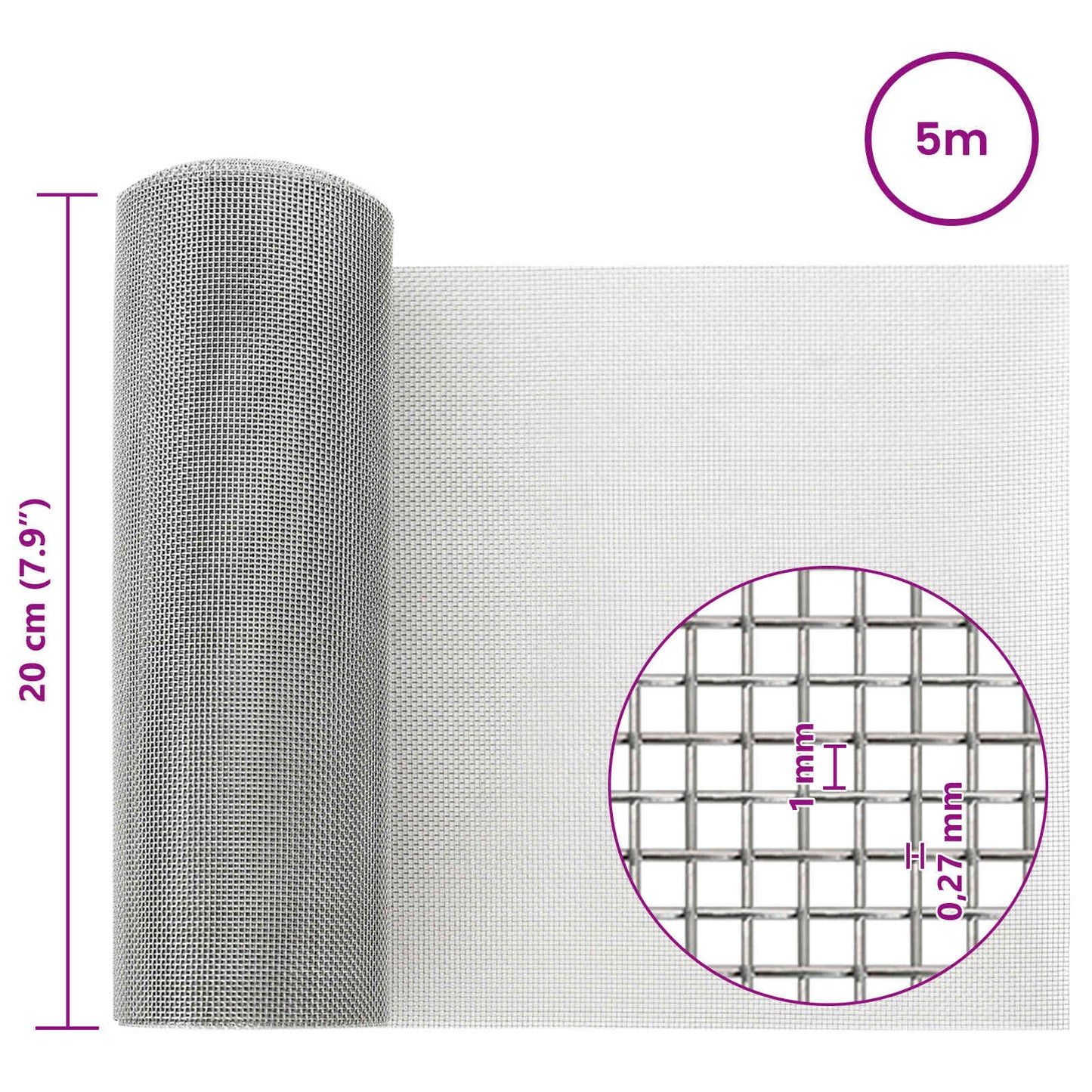 Mesh Screen 20 x 500 cm 20 Mesh Stainless Steel 201 Silver