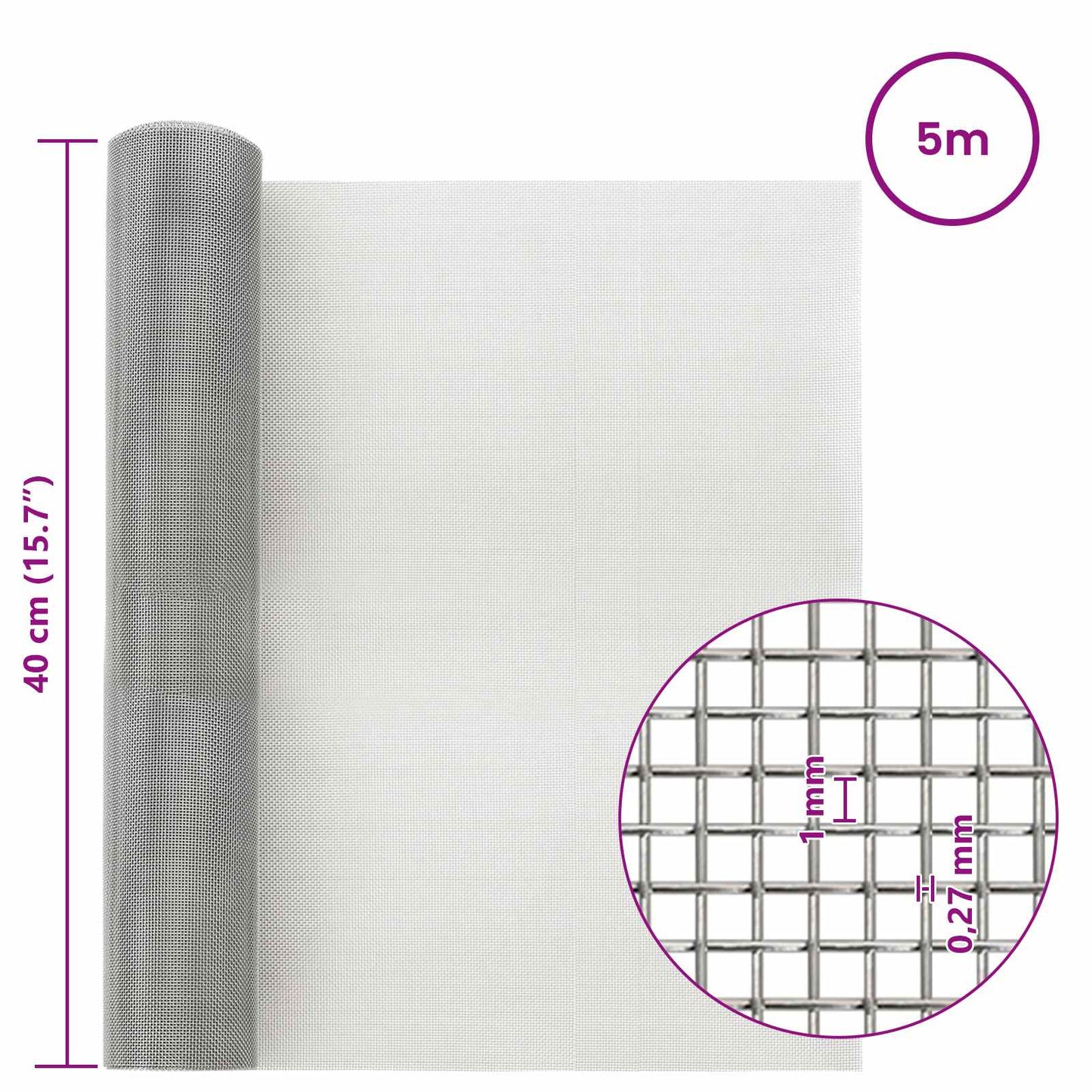 Mesh Screen 40 x 500 cm 20 Mesh Stainless Steel 201 Silver