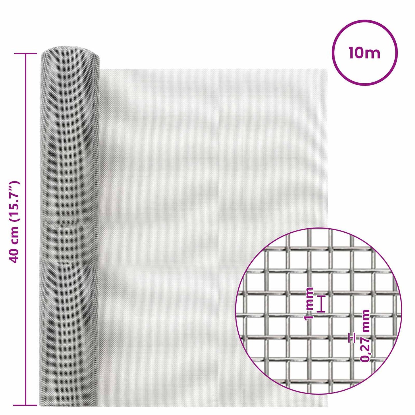 Mesh Screen 40 x 1000 cm 20 Mesh Stainless Steel 201 Silver