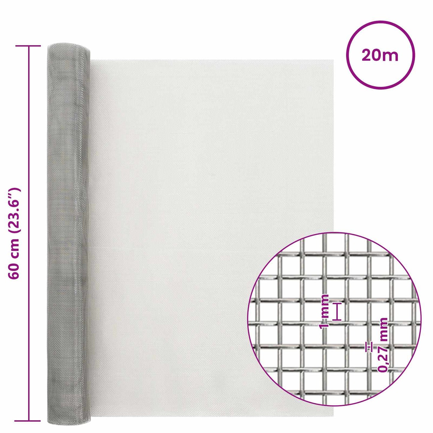 Mesh Screen 60 x 2000 cm 20 Mesh Stainless Steel 201 Silver