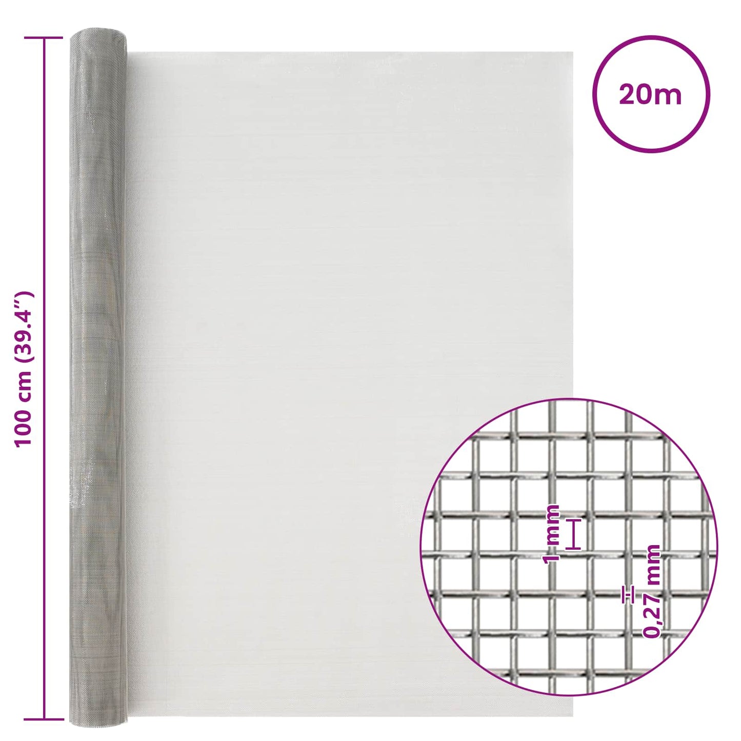 Mesh Screen 100 x 2000 cm 20 Mesh Stainless Steel 201 Silver