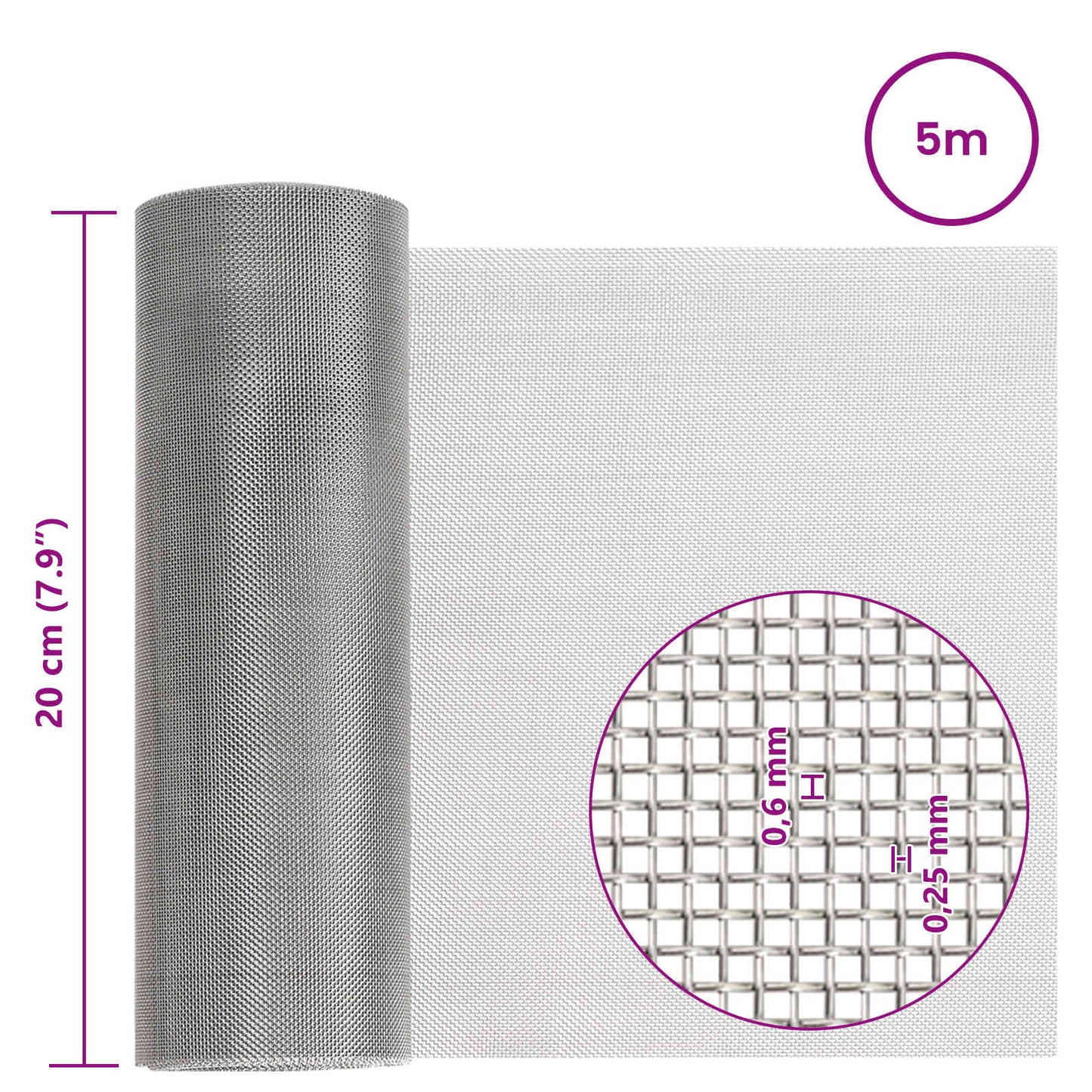 Mesh Screen 20 x 500 cm 30 Mesh Stainless Steel 201 Silver