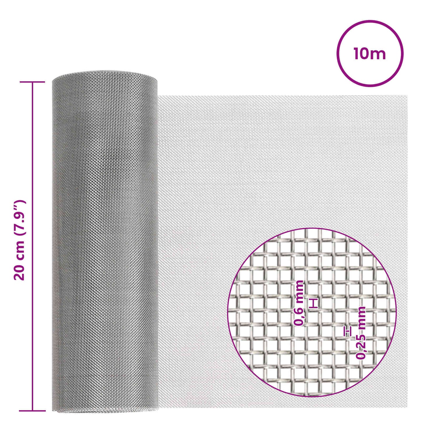 Mesh Screen 20 x 1000 cm 30 Mesh Stainless Steel 201 Silver