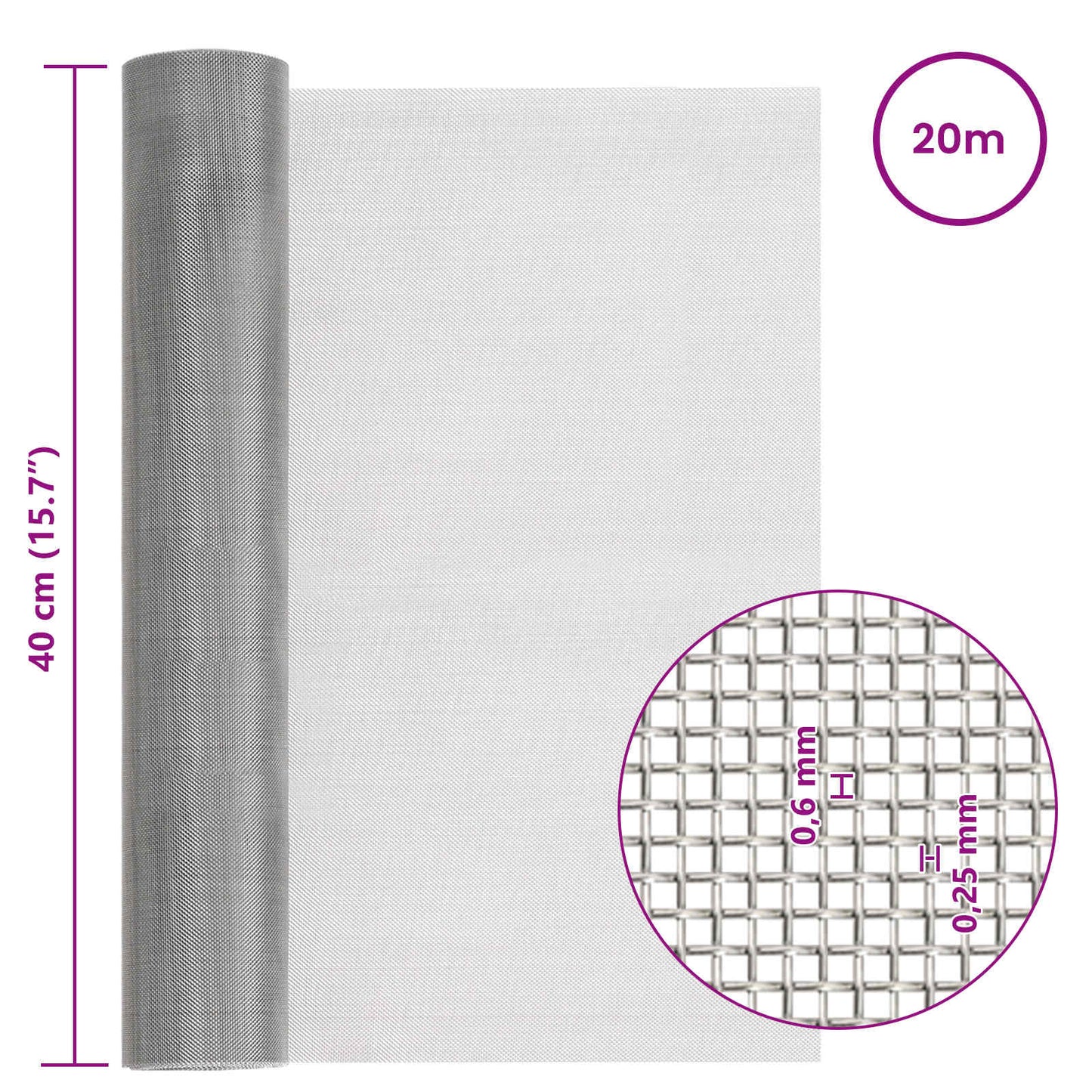Mesh Screen 40 x 2000 cm 30 Mesh Stainless Steel 201 Silver