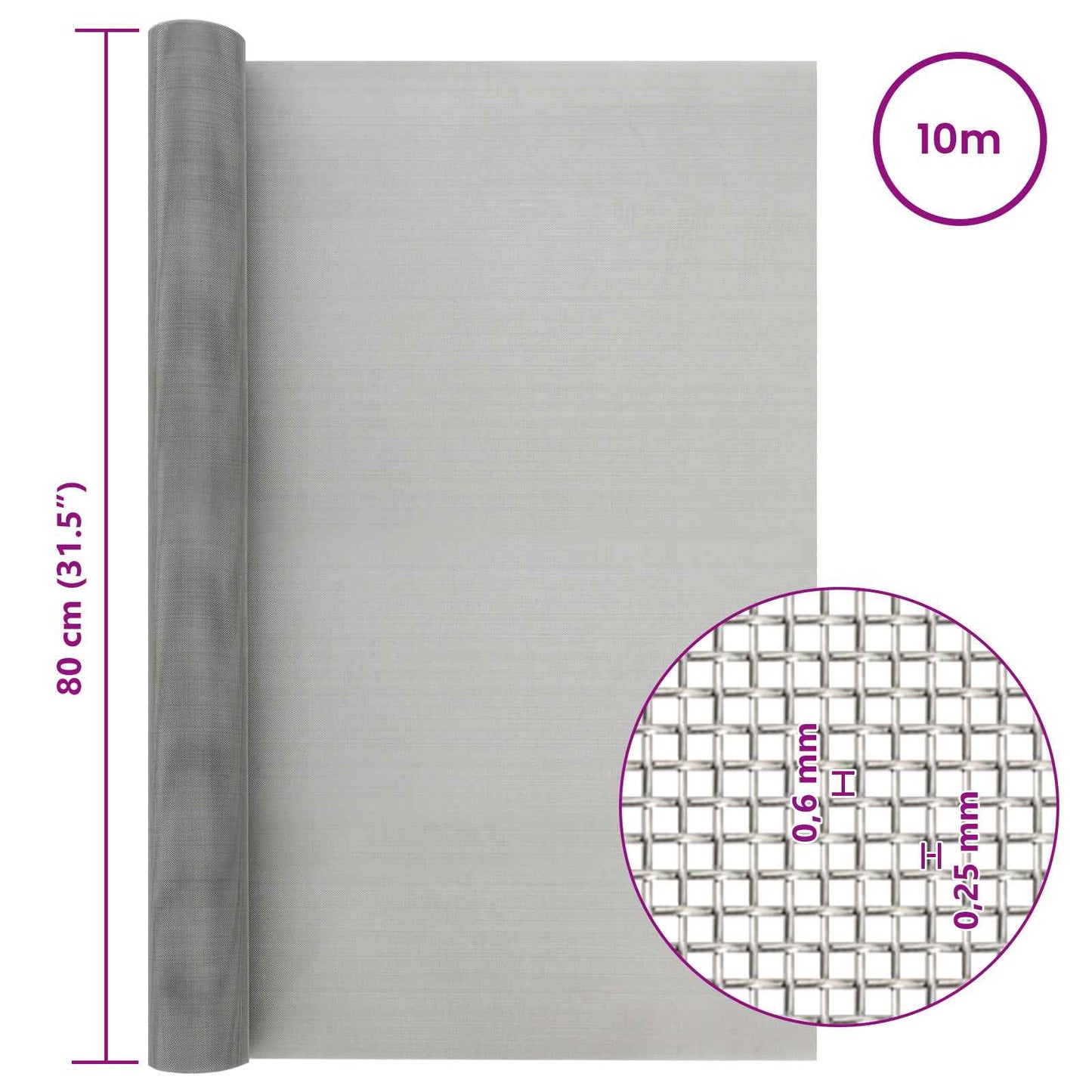 Mesh Screen 80 x 1000 cm 30 Mesh Stainless Steel 201 Silver