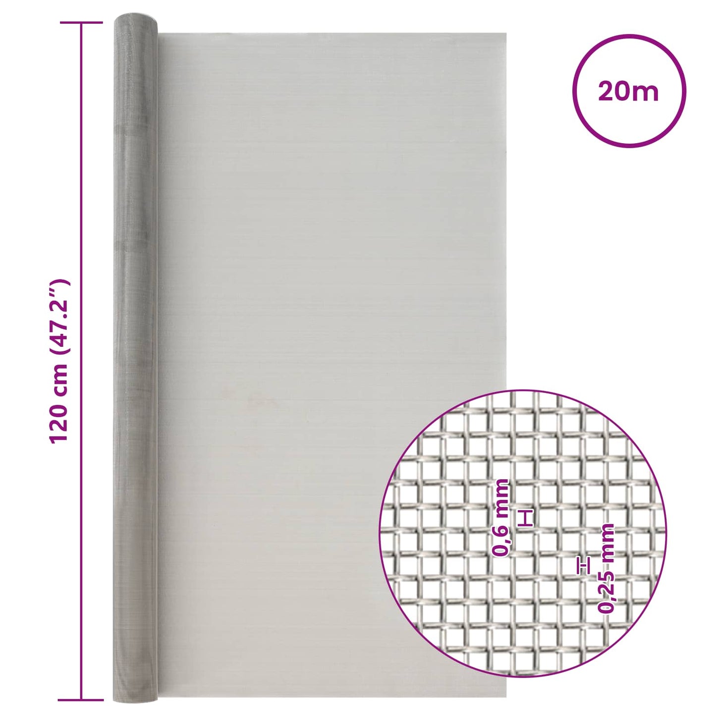 Mesh Screen 120 x 2000 cm 30 Mesh Stainless Steel 201 Silver