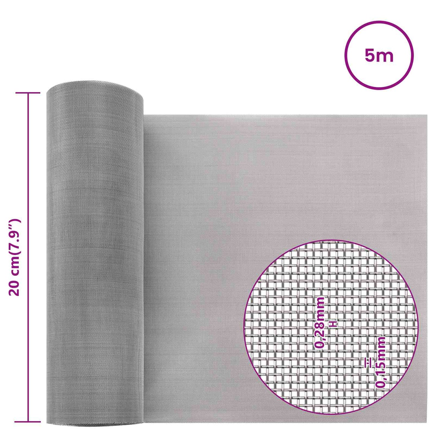 Mesh Screen 20 x 500 cm 60 Mesh Stainless Steel 201 Silver