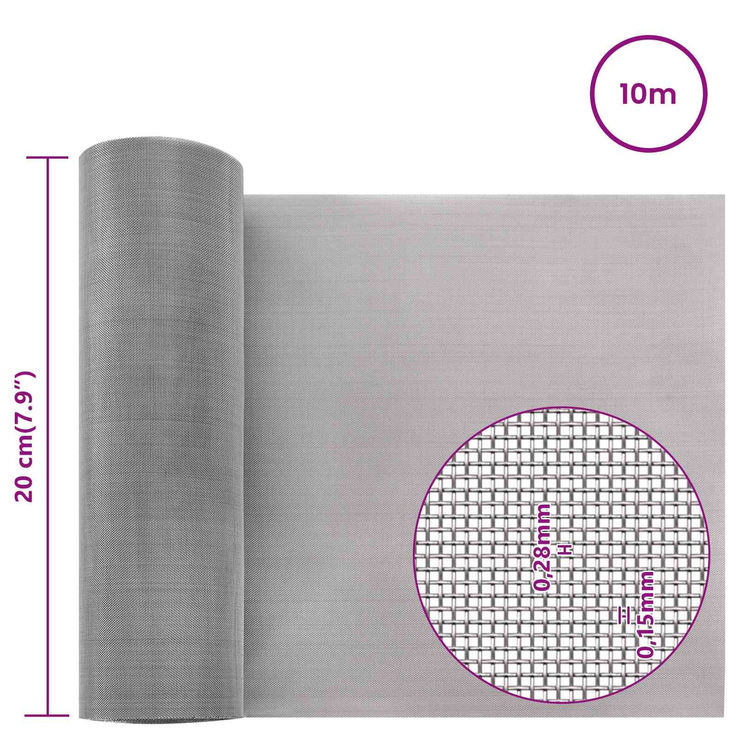 Mesh Screen 20 x 1000 cm 60 Mesh Stainless Steel 201 Silver