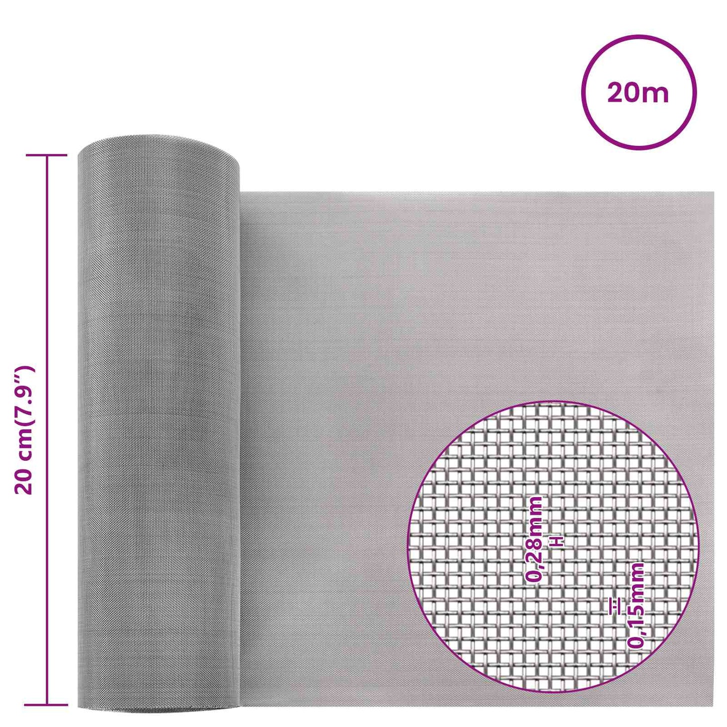Mesh Screen 20 x 2000 cm 60 Mesh Stainless Steel 201 Silver