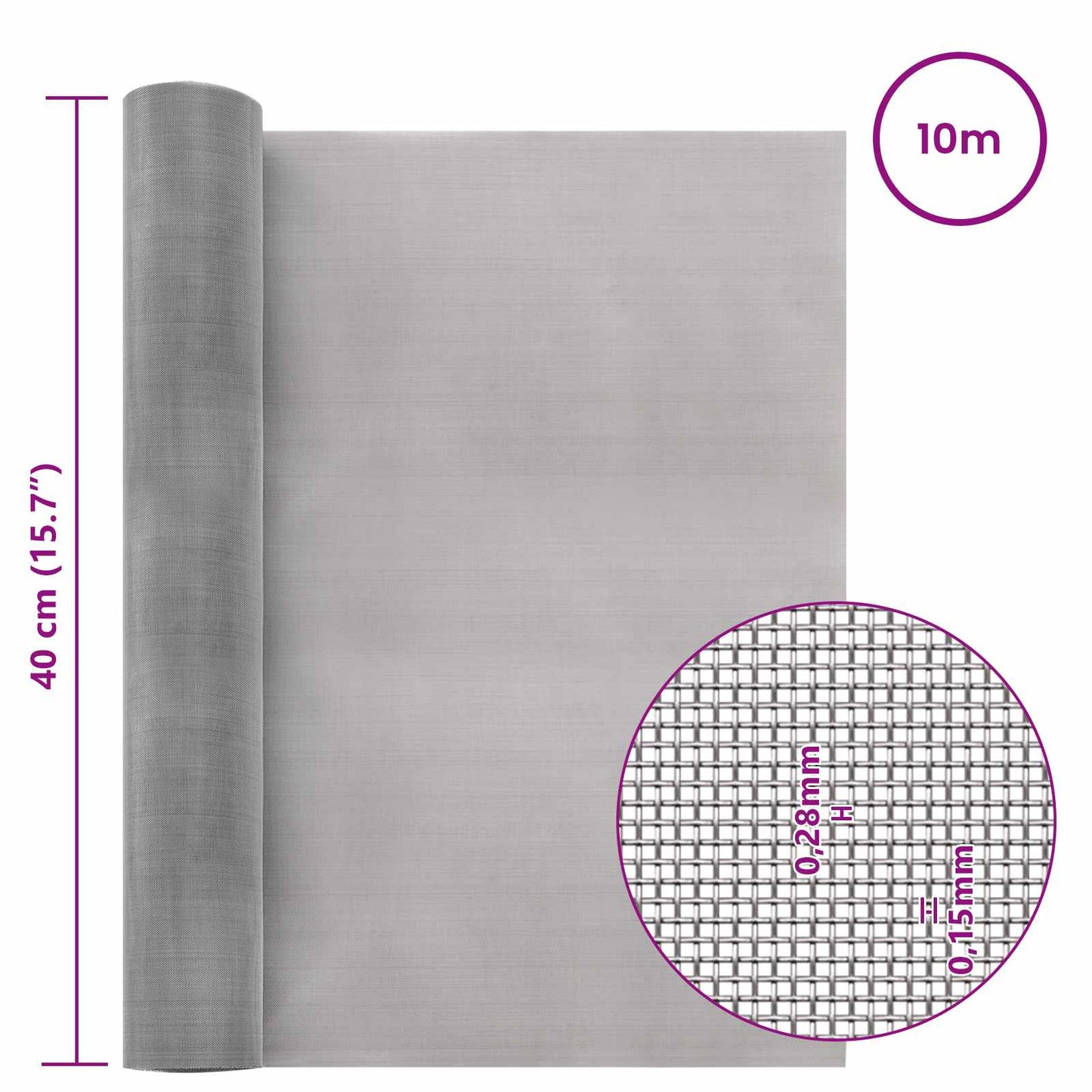 Mesh Screen 40 x 1000 cm 60 Mesh Stainless Steel 201 Silver
