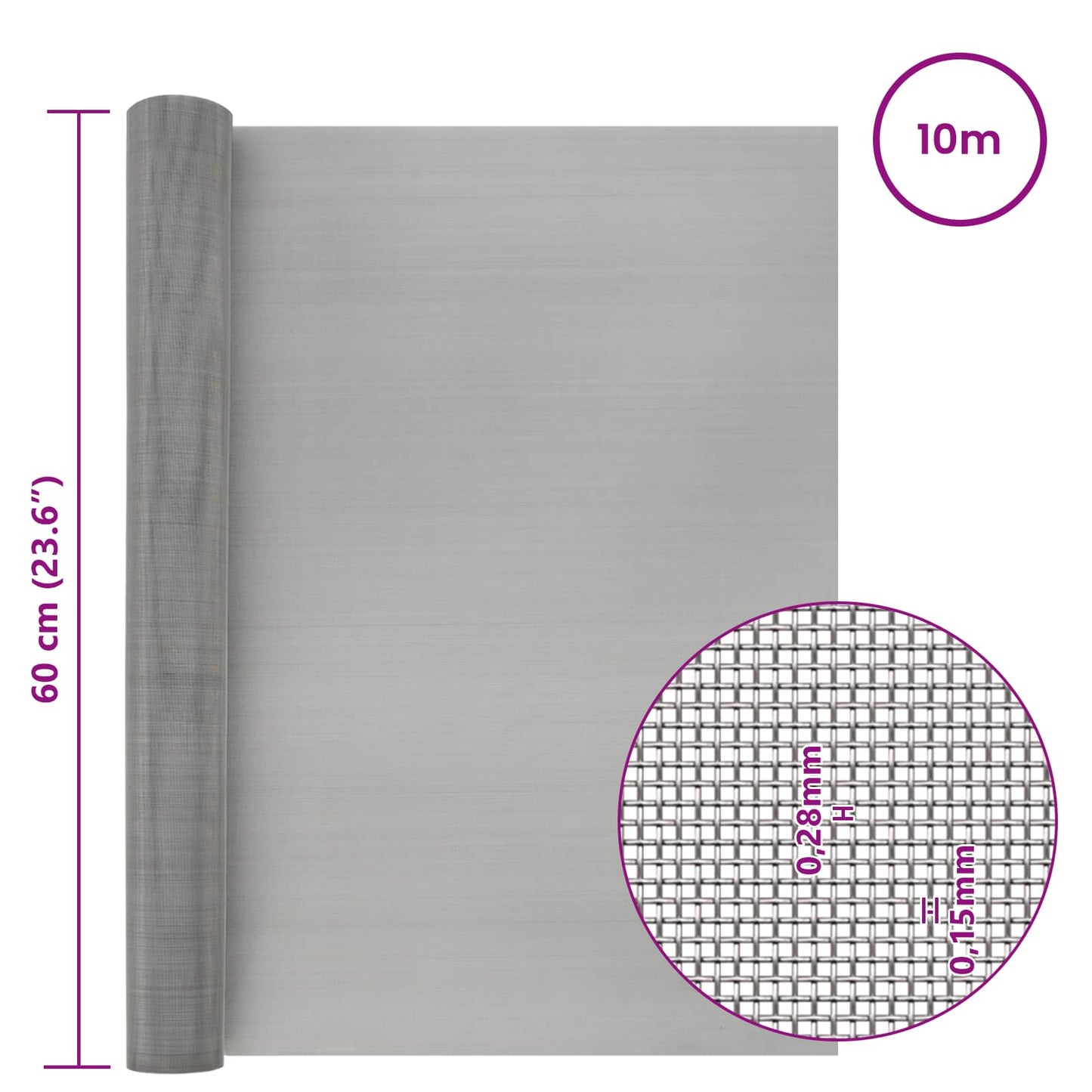 Mesh Screen 60 x 1000 cm 60 Mesh Stainless Steel 201 Silver