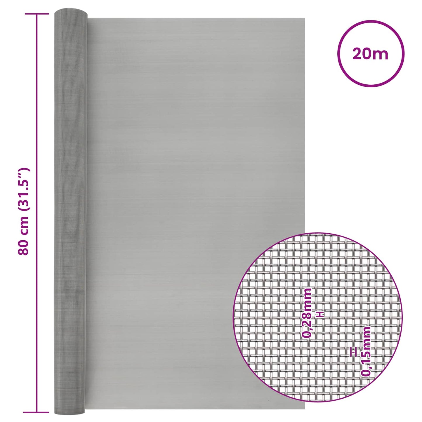Mesh Screen 80 x 2000 cm 60 Mesh Stainless Steel 201 Silver