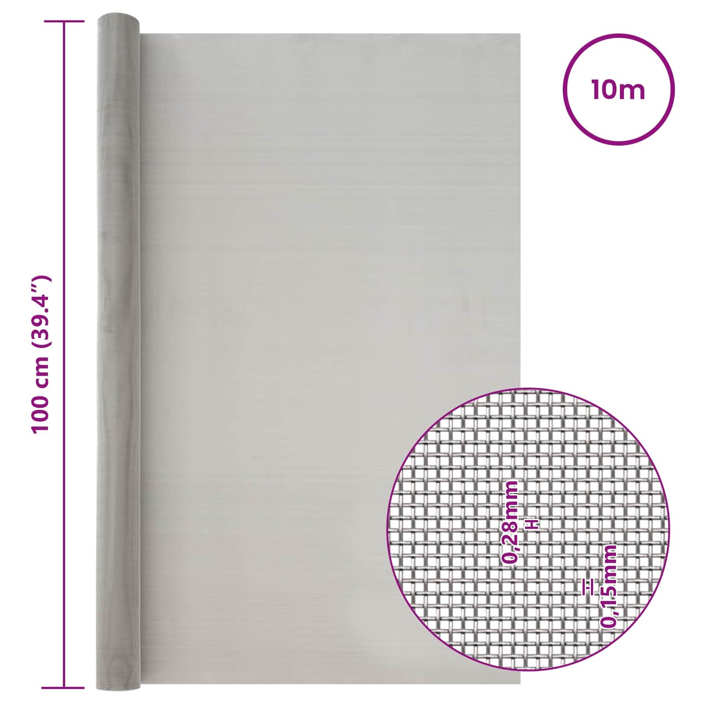 Mesh Screen 100 x 1000 cm 60 Mesh Stainless Steel 201 Silver
