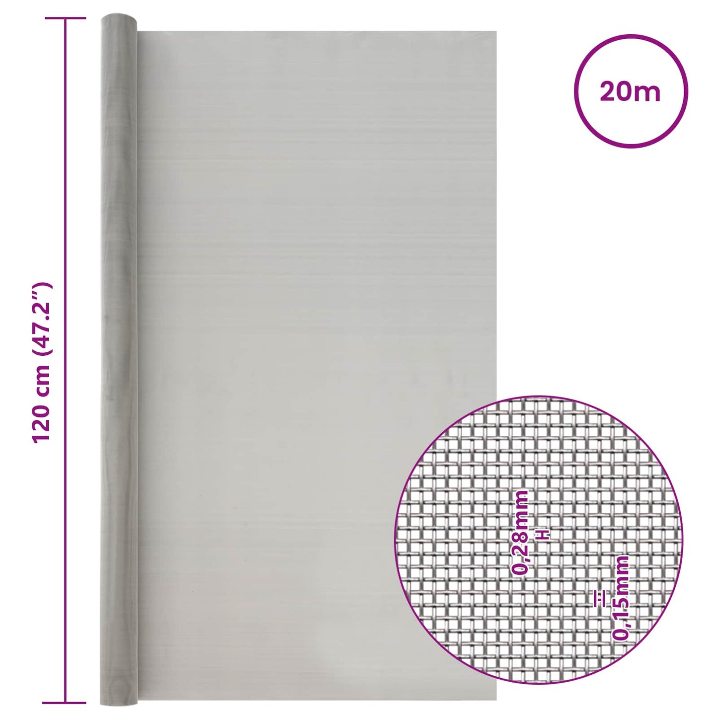 Mesh Screen 120 x 2000 cm 60 Mesh Stainless Steel 201 Silver