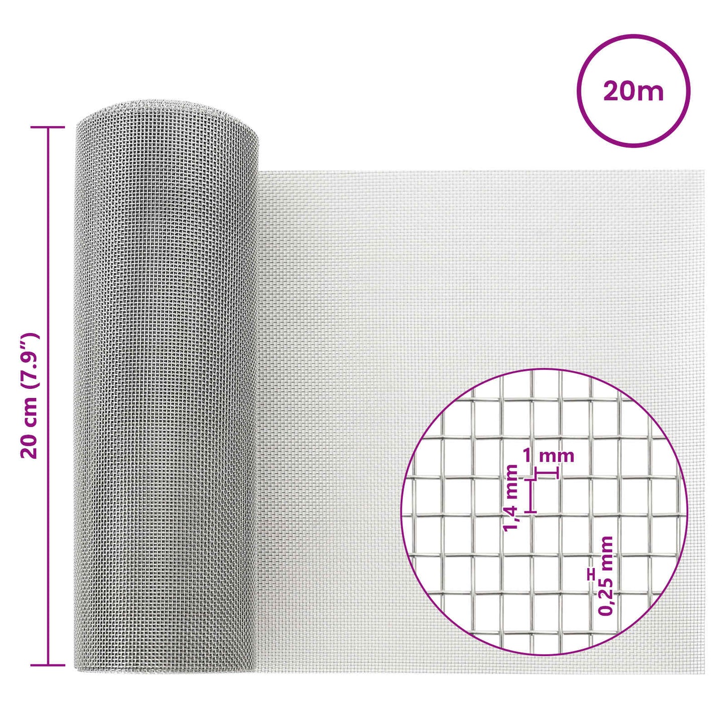 Mesh Screen 20 x 2000 cm 18 mesh Stainless Steel 304 Silver