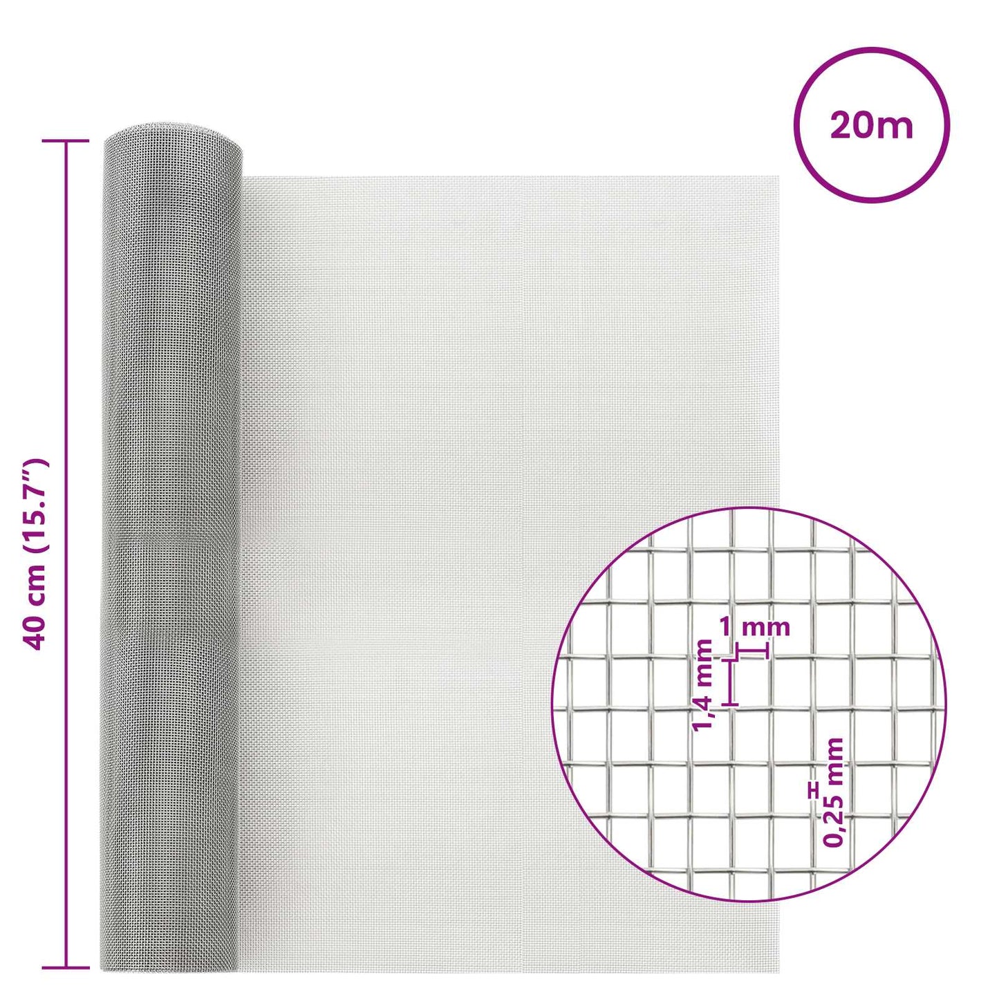 Mesh Screen 40 x 2000 cm 18 mesh Stainless Steel 304 Silver