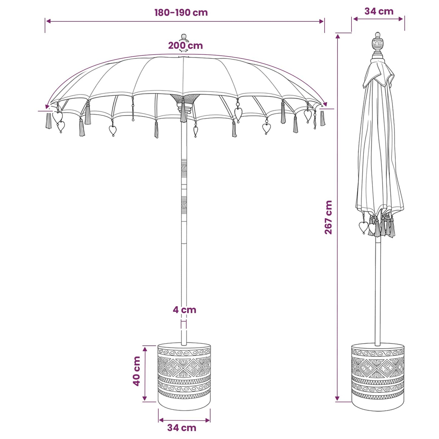 Balinese Parasol with Base Round 190 x 190 x 295 cm