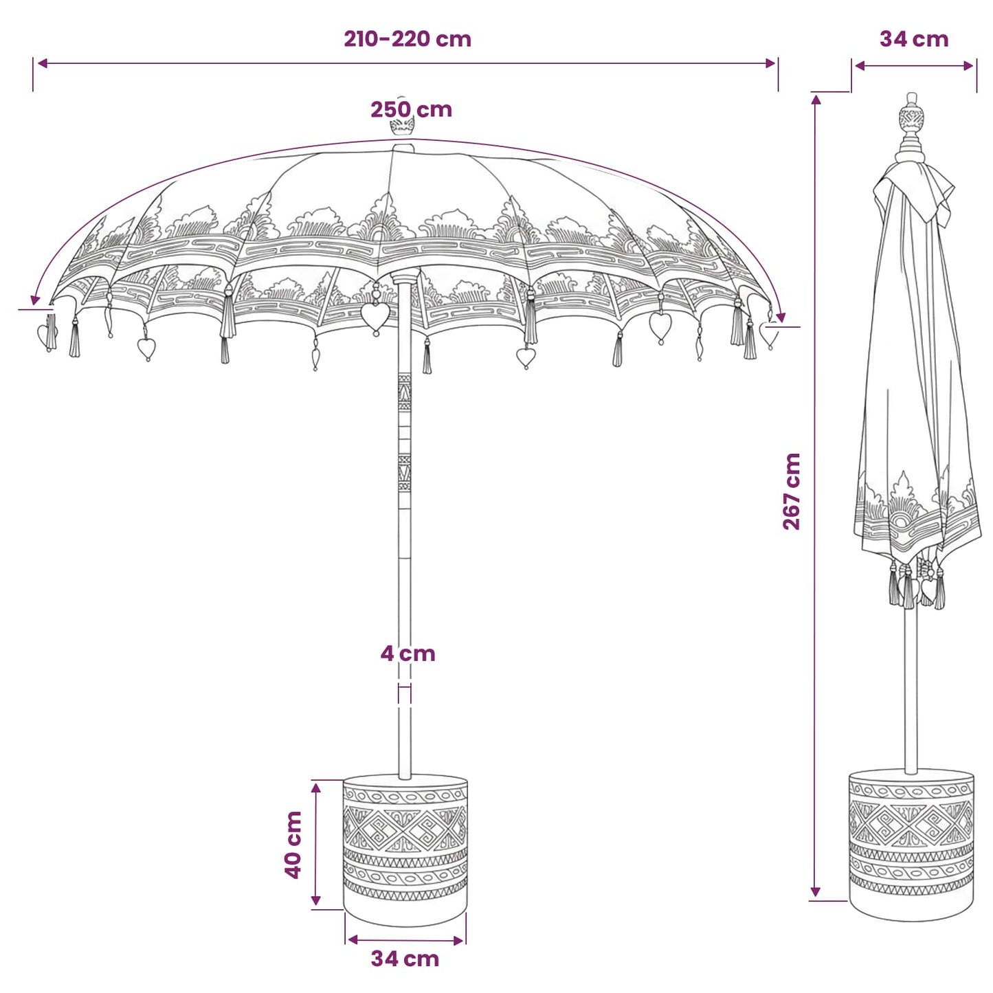 Balinese Parasol with Base 260 220 x 220 x 295 cm Red and Brown