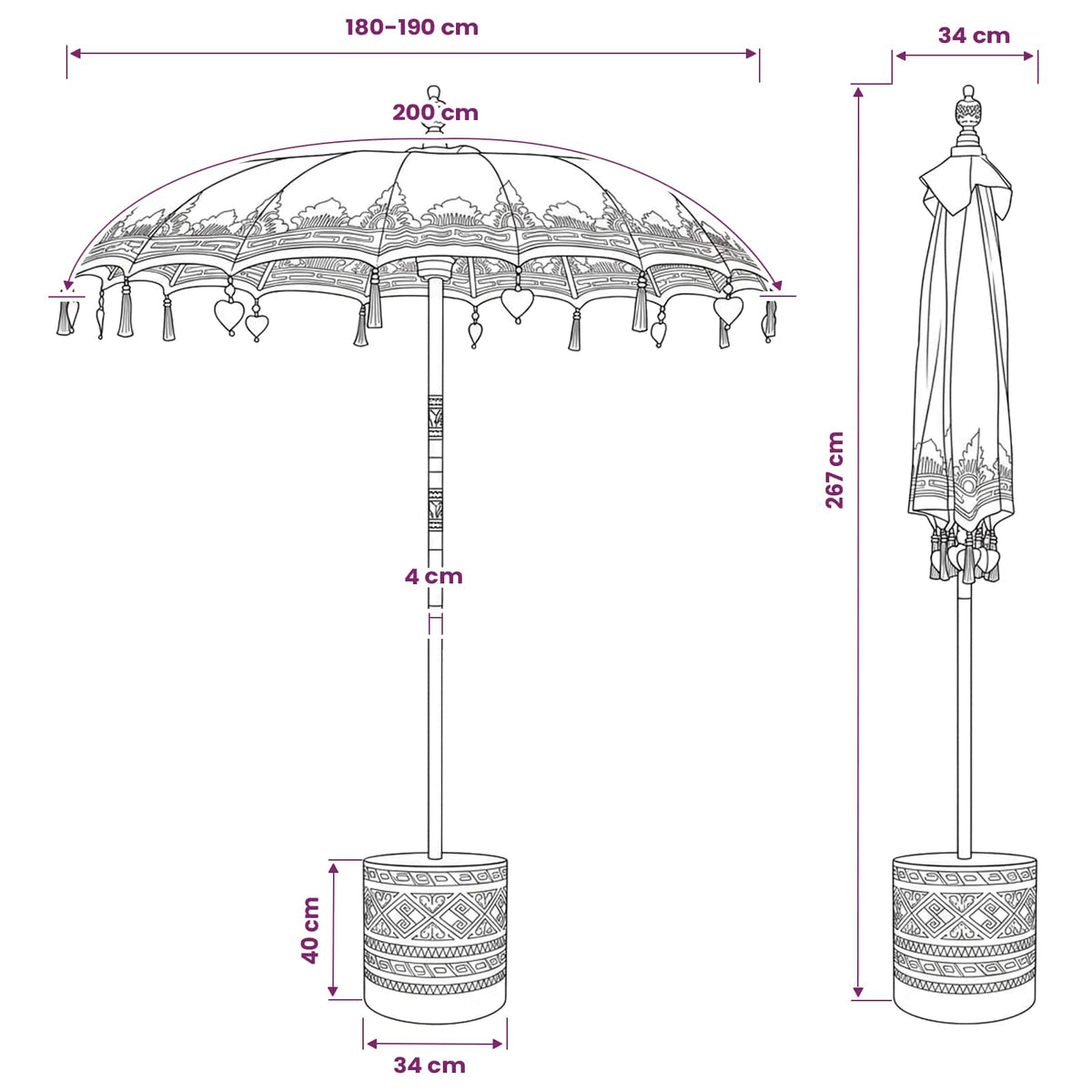 Balinese Parasol with Base Ø 180-190 cm Pink and Brown