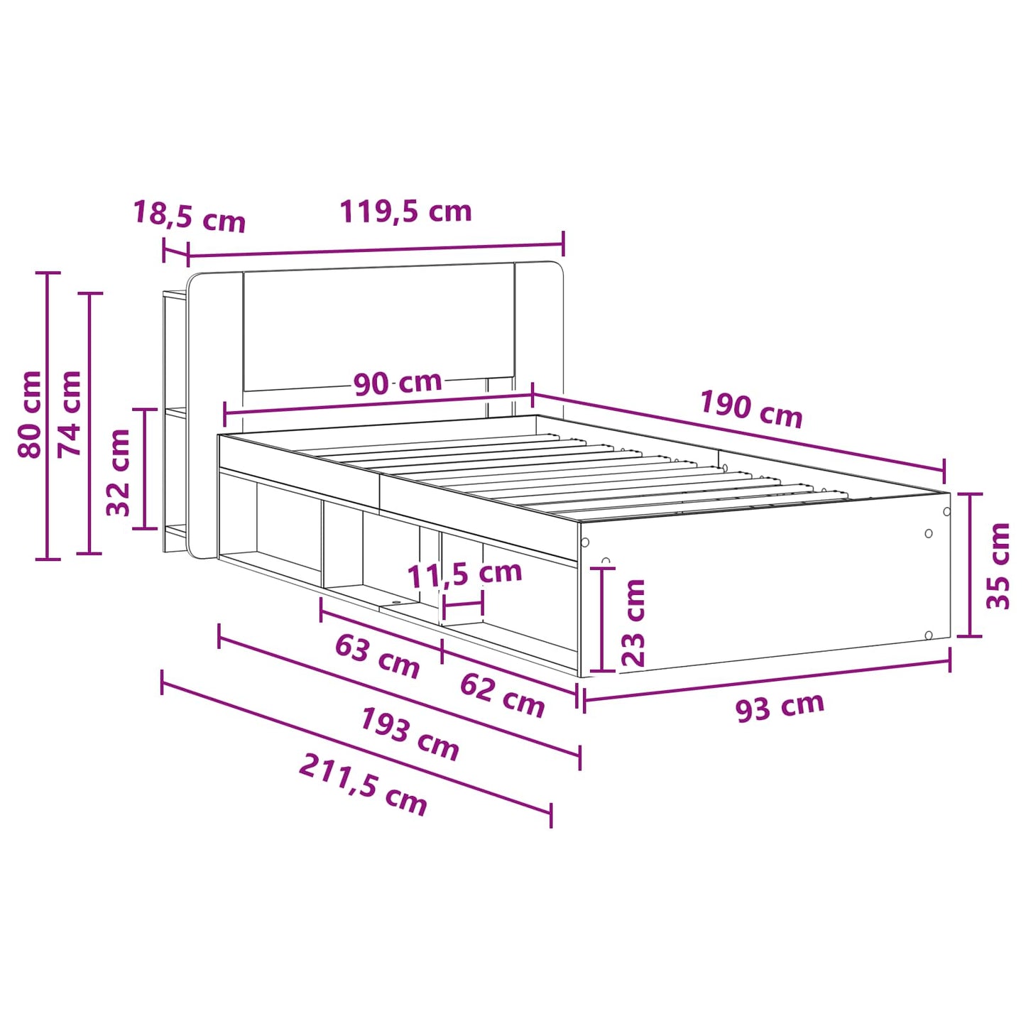 Bed Frame with Storage Smoked Oak 90 x 190 cm Engineered Wood