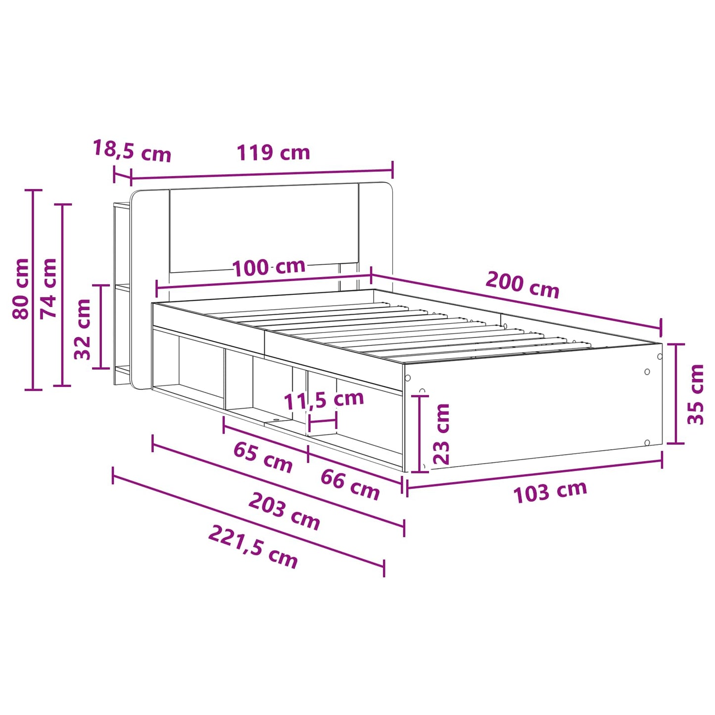 Bed Frame with Storage Smoked Oak 100 x 200 cm Engineered Wood