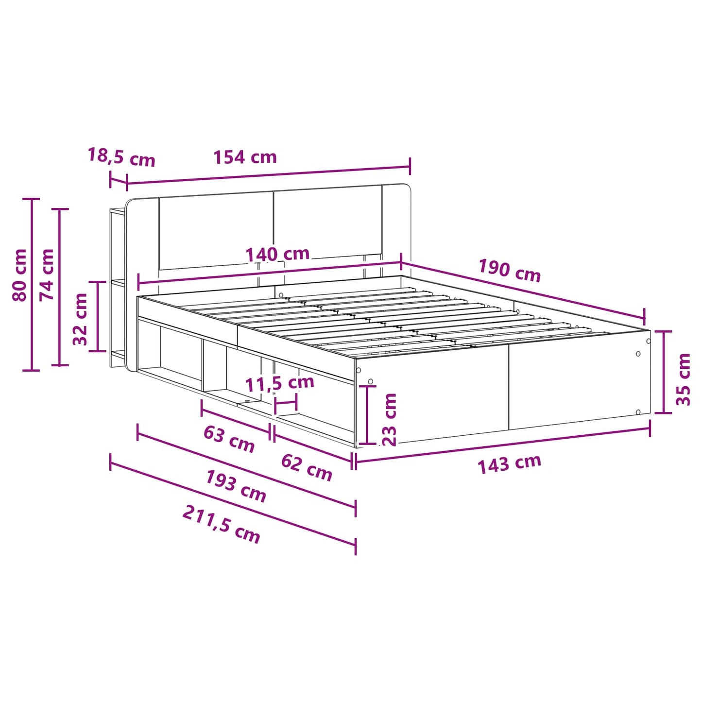 Bed Frame with Storage Grey Sonoma 140 x 190 cm Engineered Wood