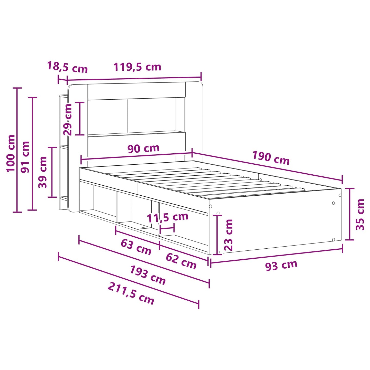 Bed Frame with Storage Sonoma Oak 90 x 190 cm Engineered Wood