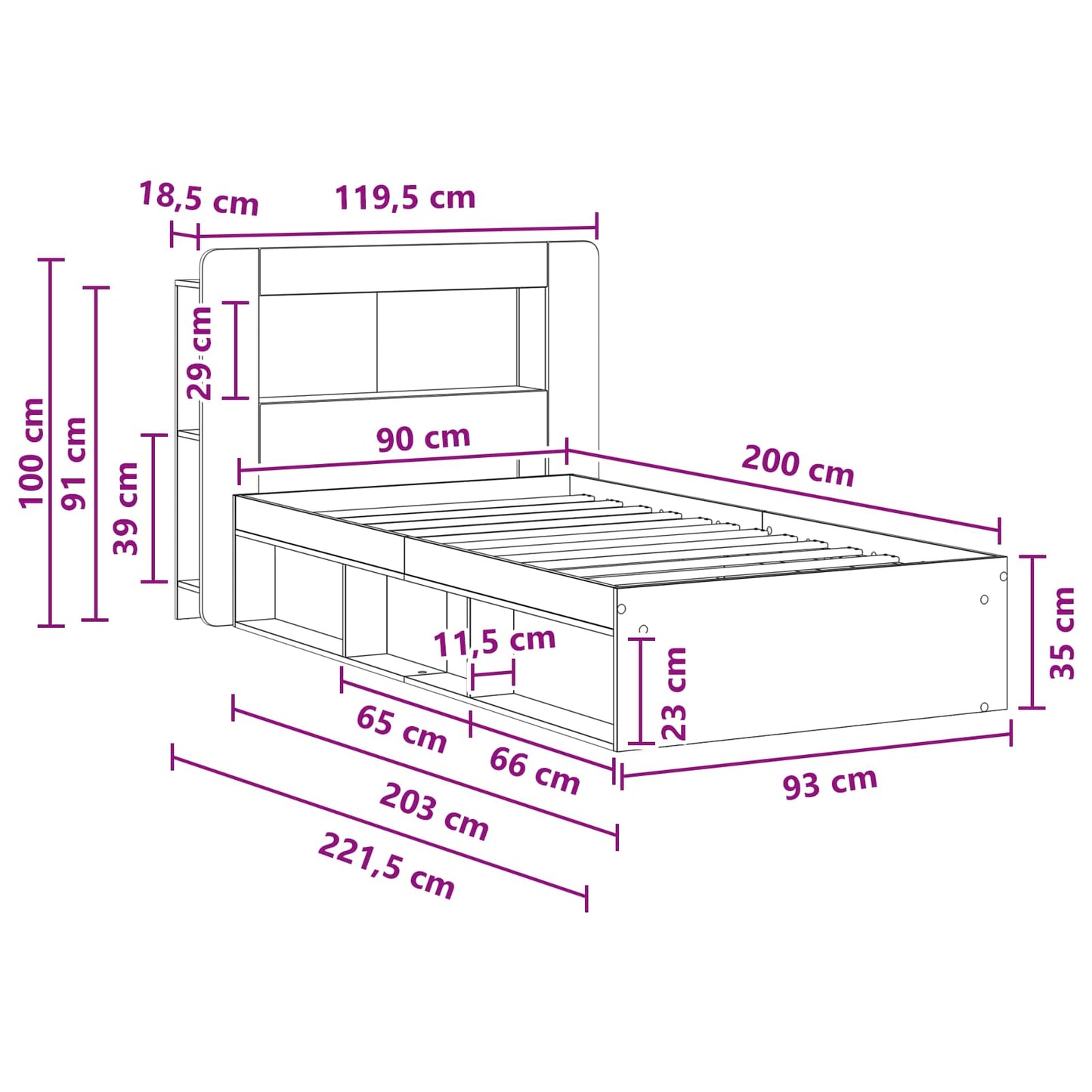 Bed Frame with Storage Smoked Oak 90 x 200 cm Engineered Wood