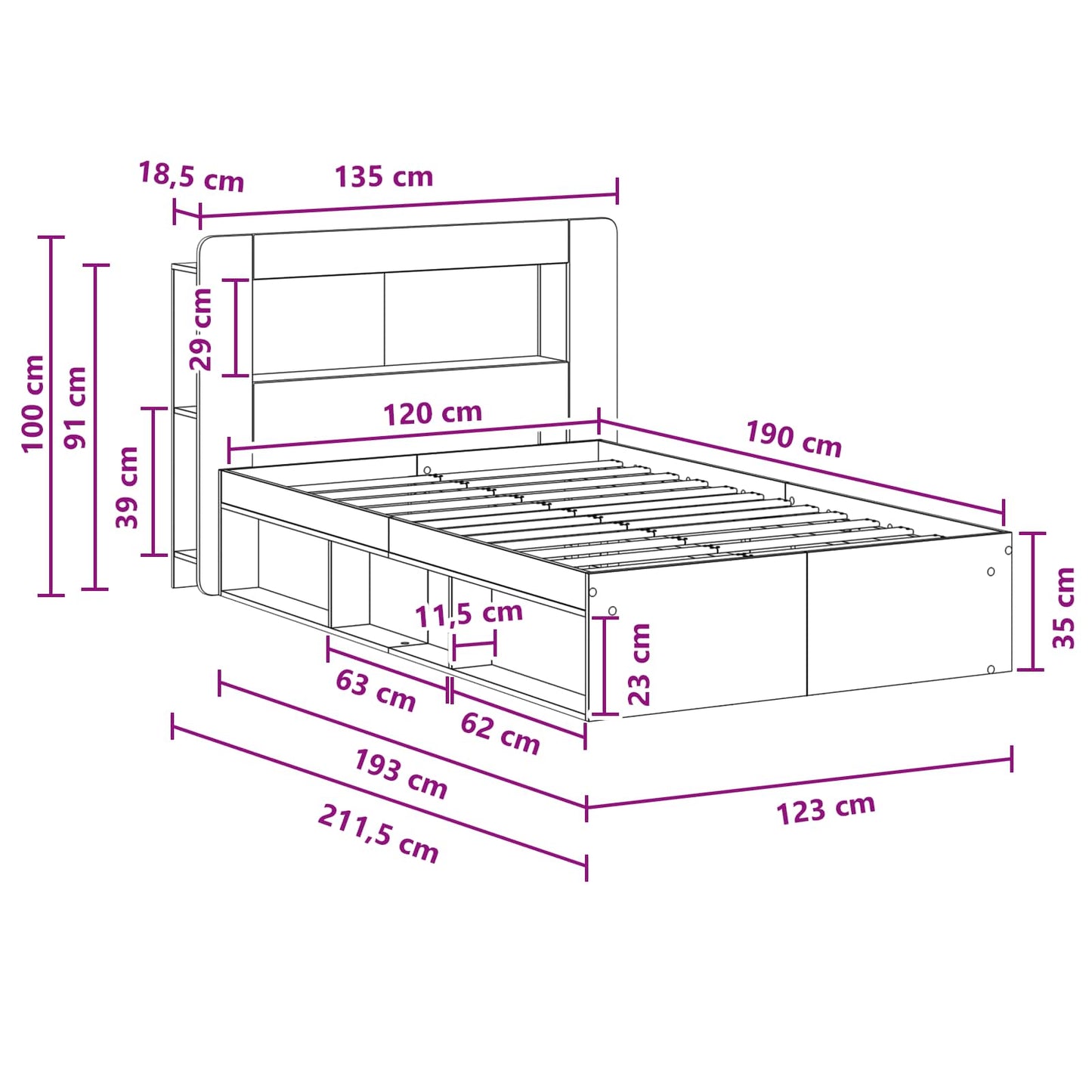 Bed Frame with Storage Artisan Oak 120 x 190 cm Engineered Wood