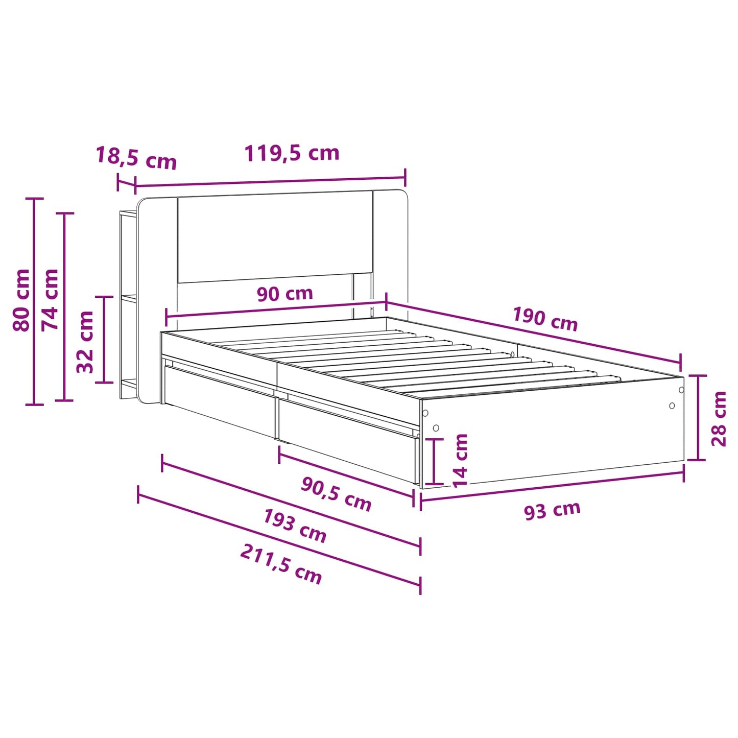 Bed Frame with Storage Smoked Oak 90 x 190 cm Engineered Wood
