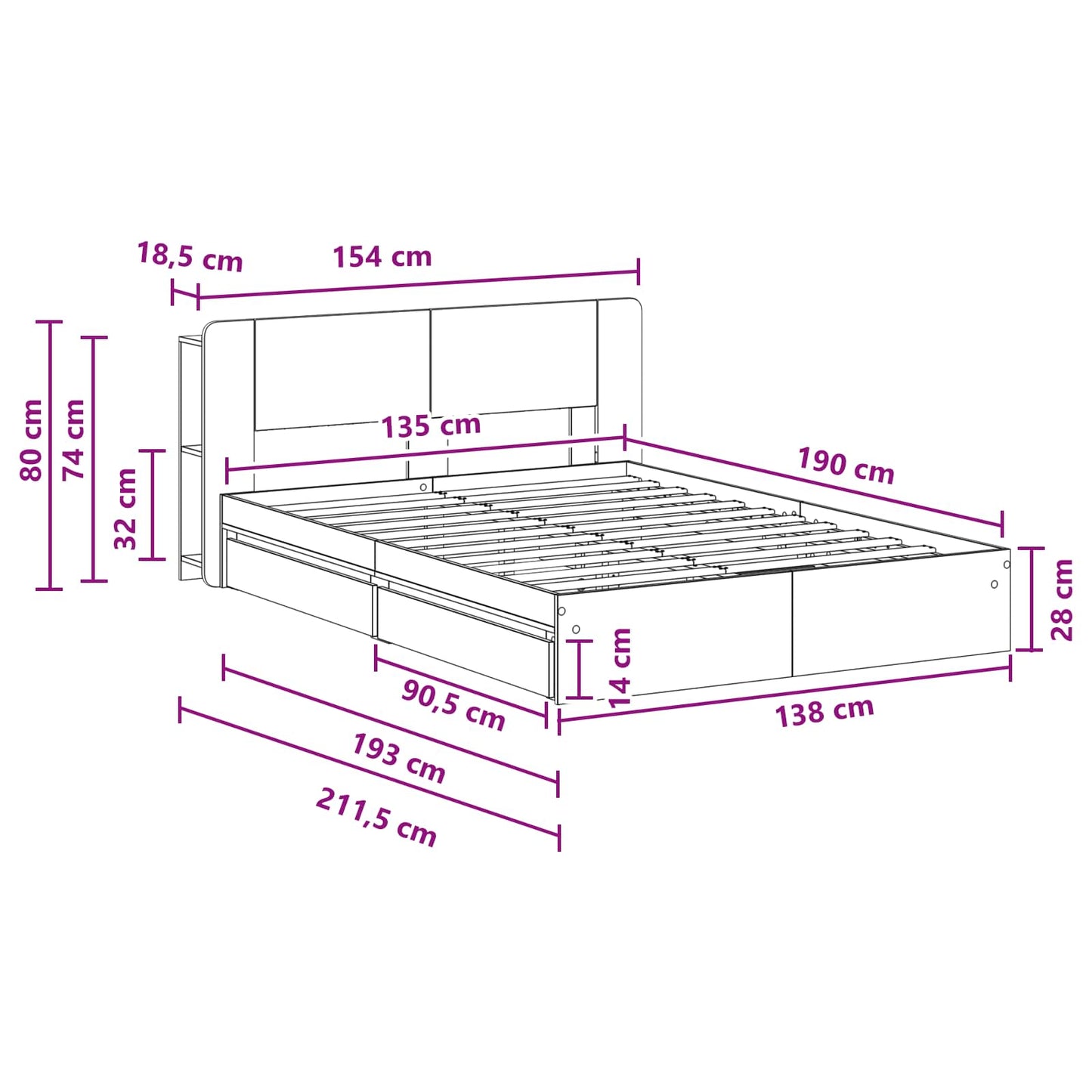 Bed Frame with Storage Smoked Oak 135 x 190 cm Engineered Wood