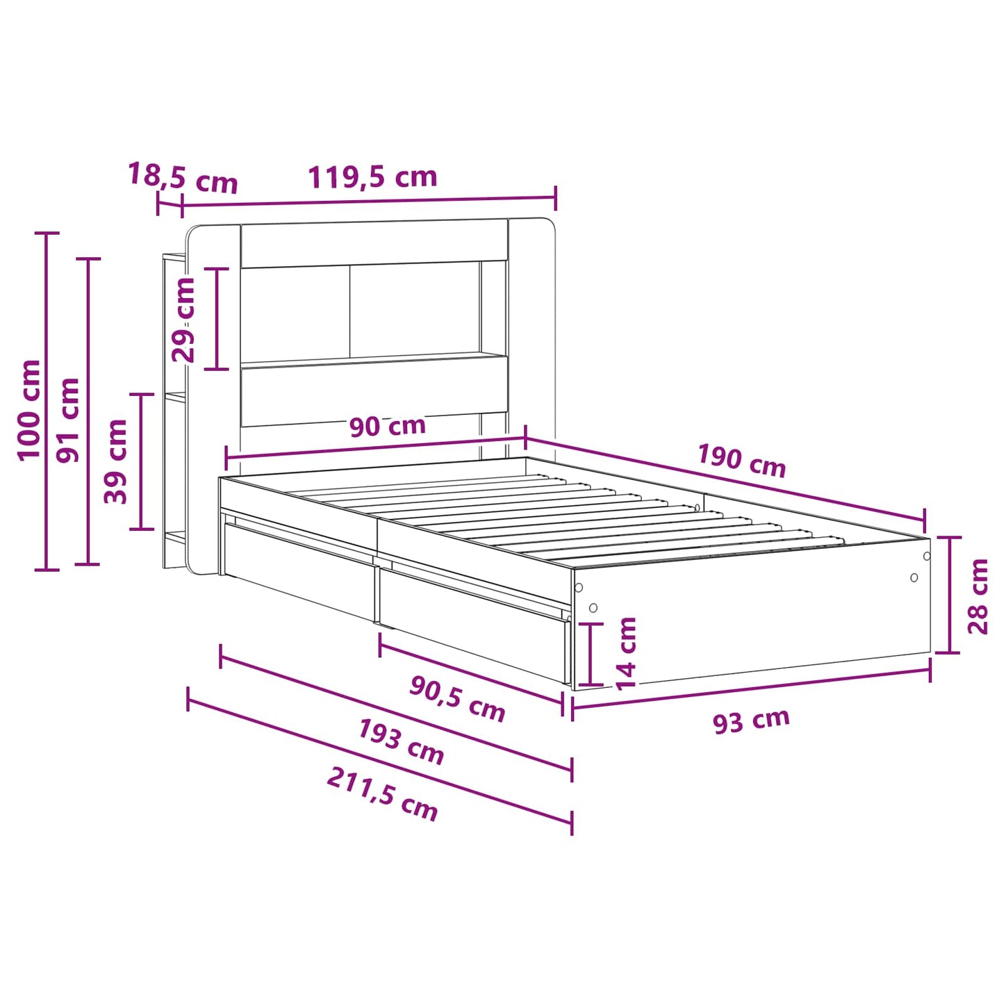 Bed Frame with Storage Smoked Oak 90 x 190 cm Engineered Wood