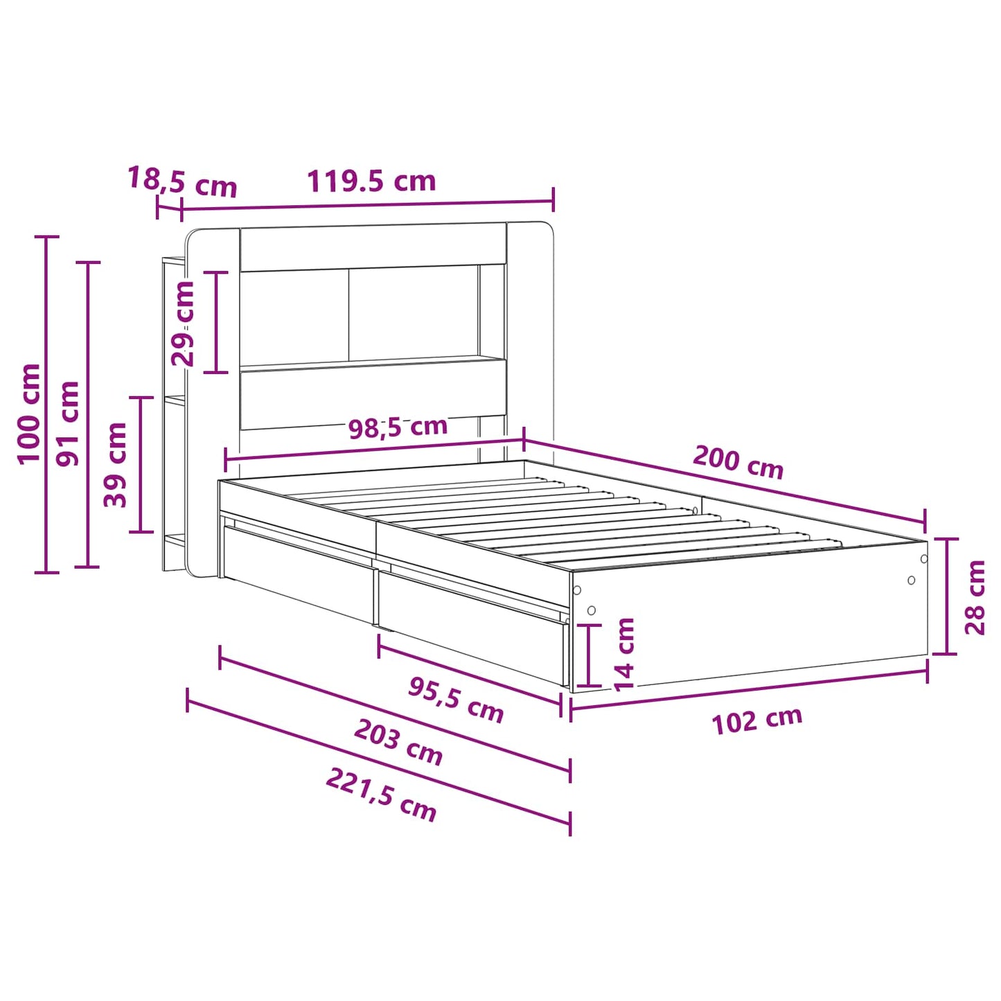 Bed Frame with Storage Smoked Oak 100 x 200 cm Engineered Wood