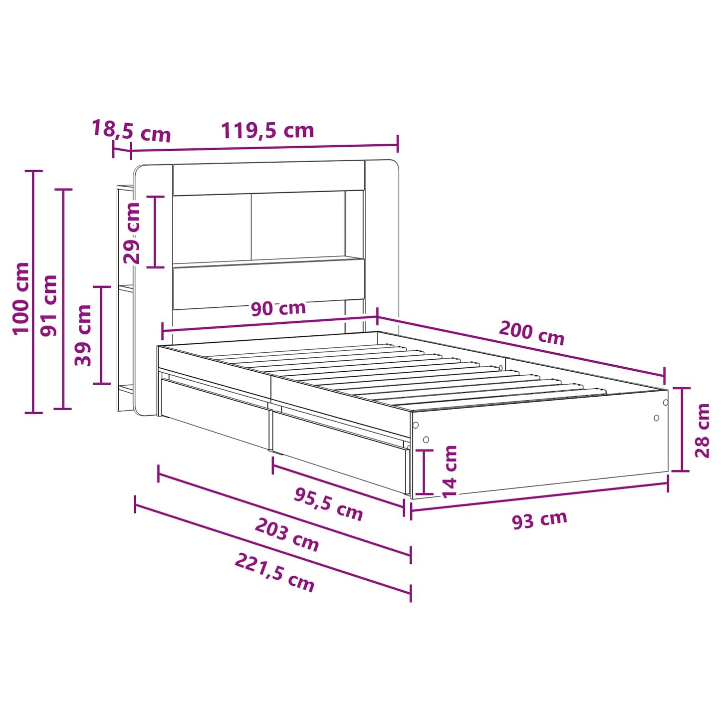 Bed Frame with Storage Smoked Oak 90 x 200 cm Engineered Wood