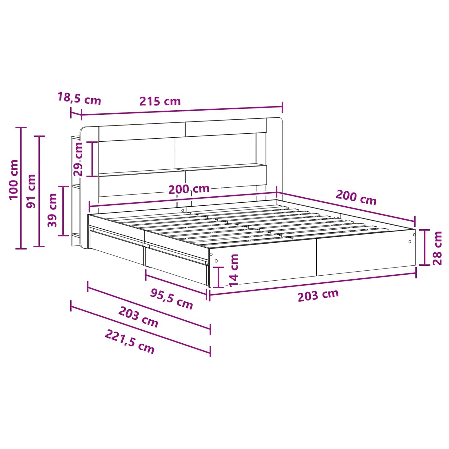 Bed Frame with Storage with Drawer Concrete Grey 200 x 200 cm
