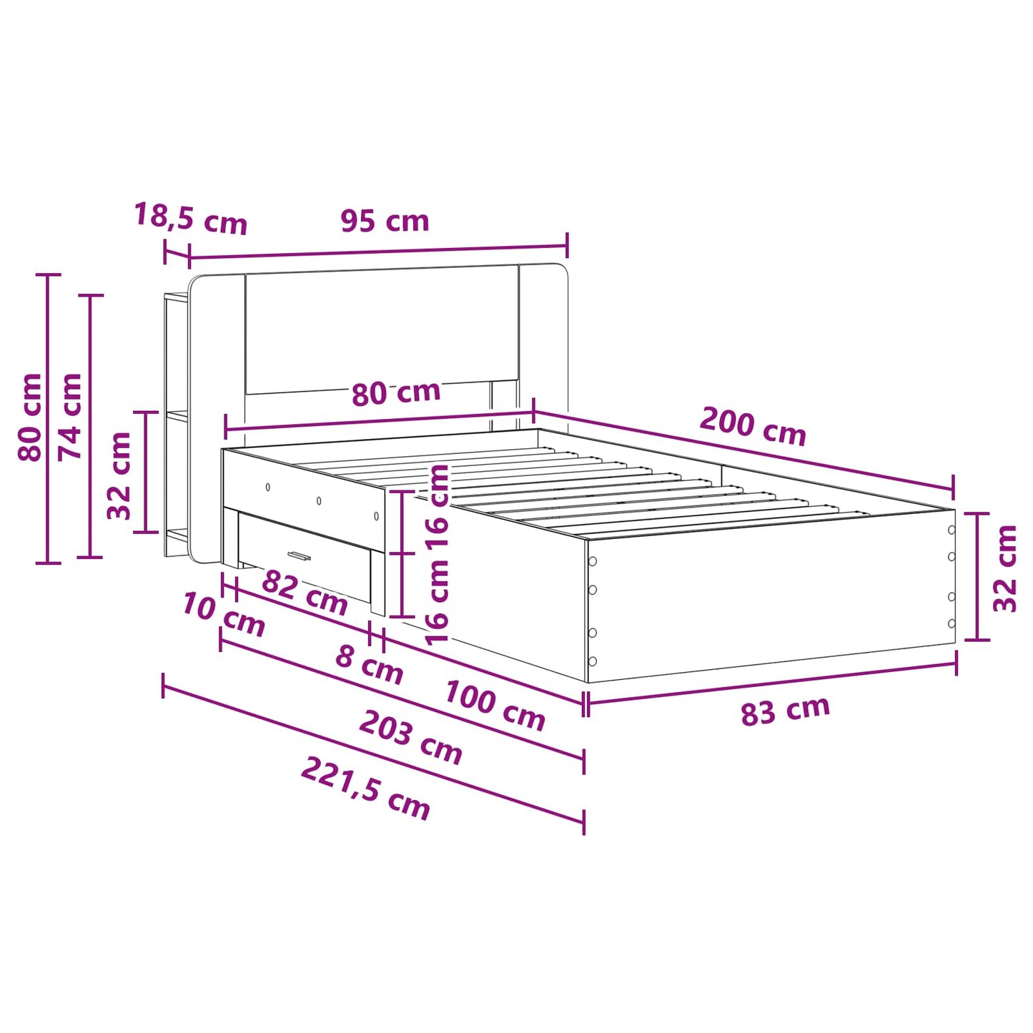 Bed Frame with Storage with Headboard Concrete Grey 80 x 200 cm