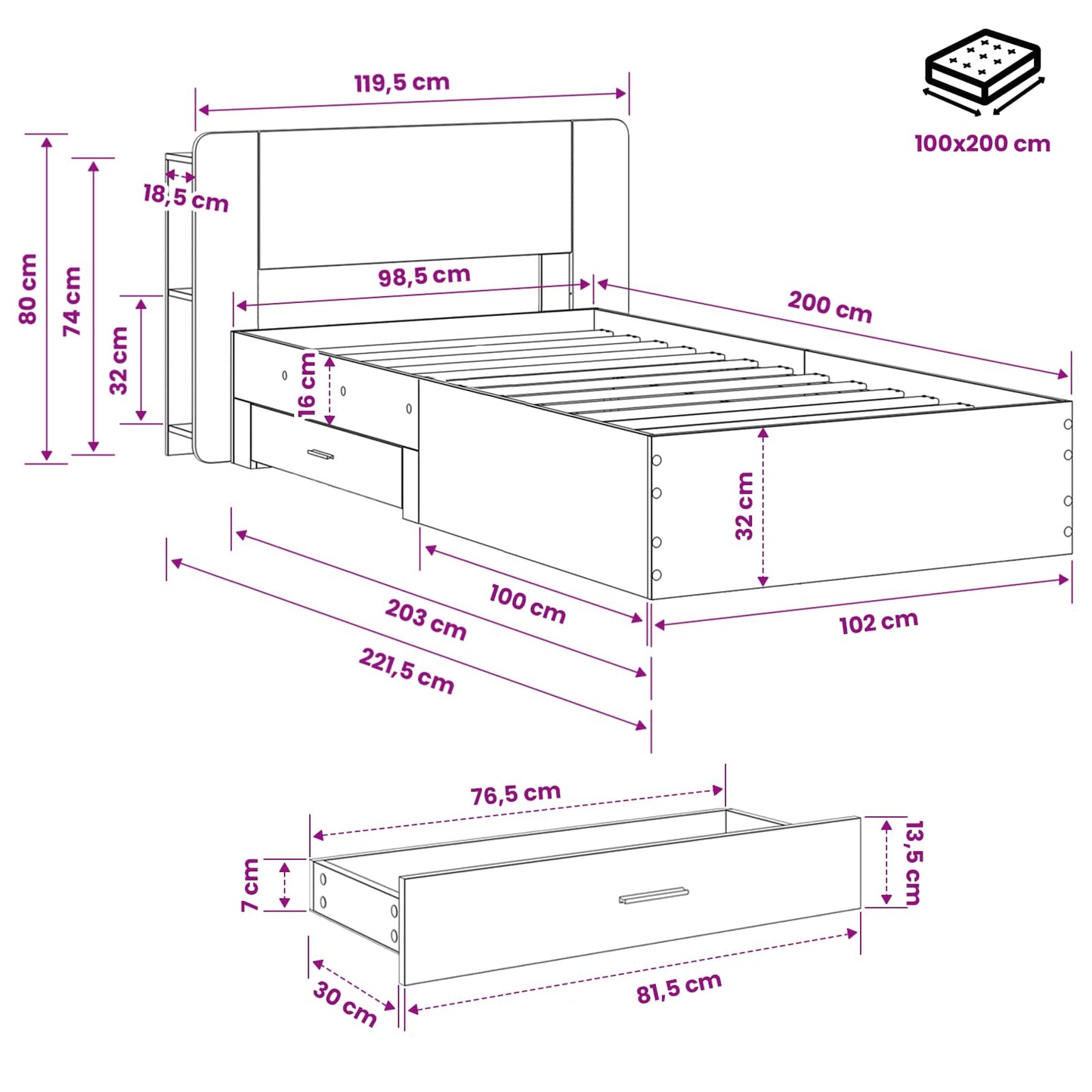 Bed Frame with Storage Smoked Oak 100 x 200 cm Engineered Wood