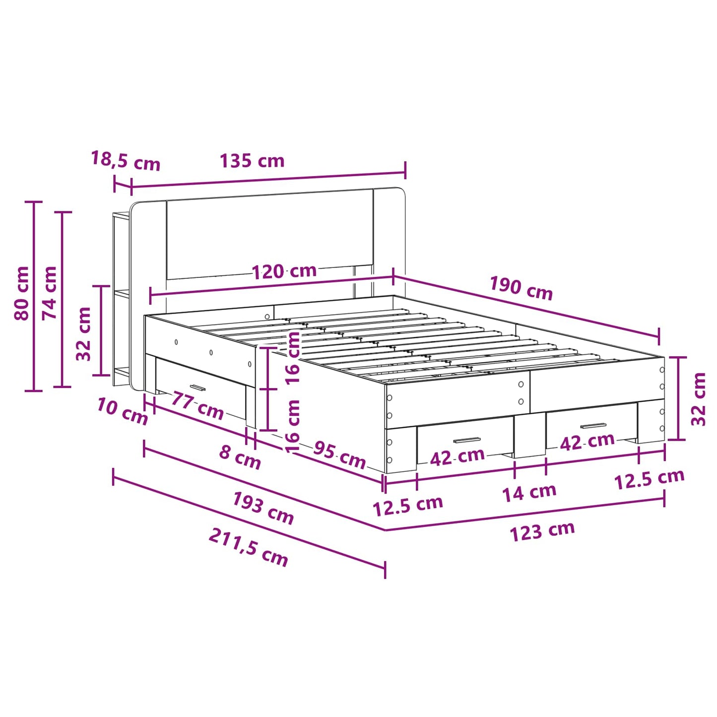 Bed Frame with Storage Grey Sonoma 120 x 190 cm Engineered Wood
