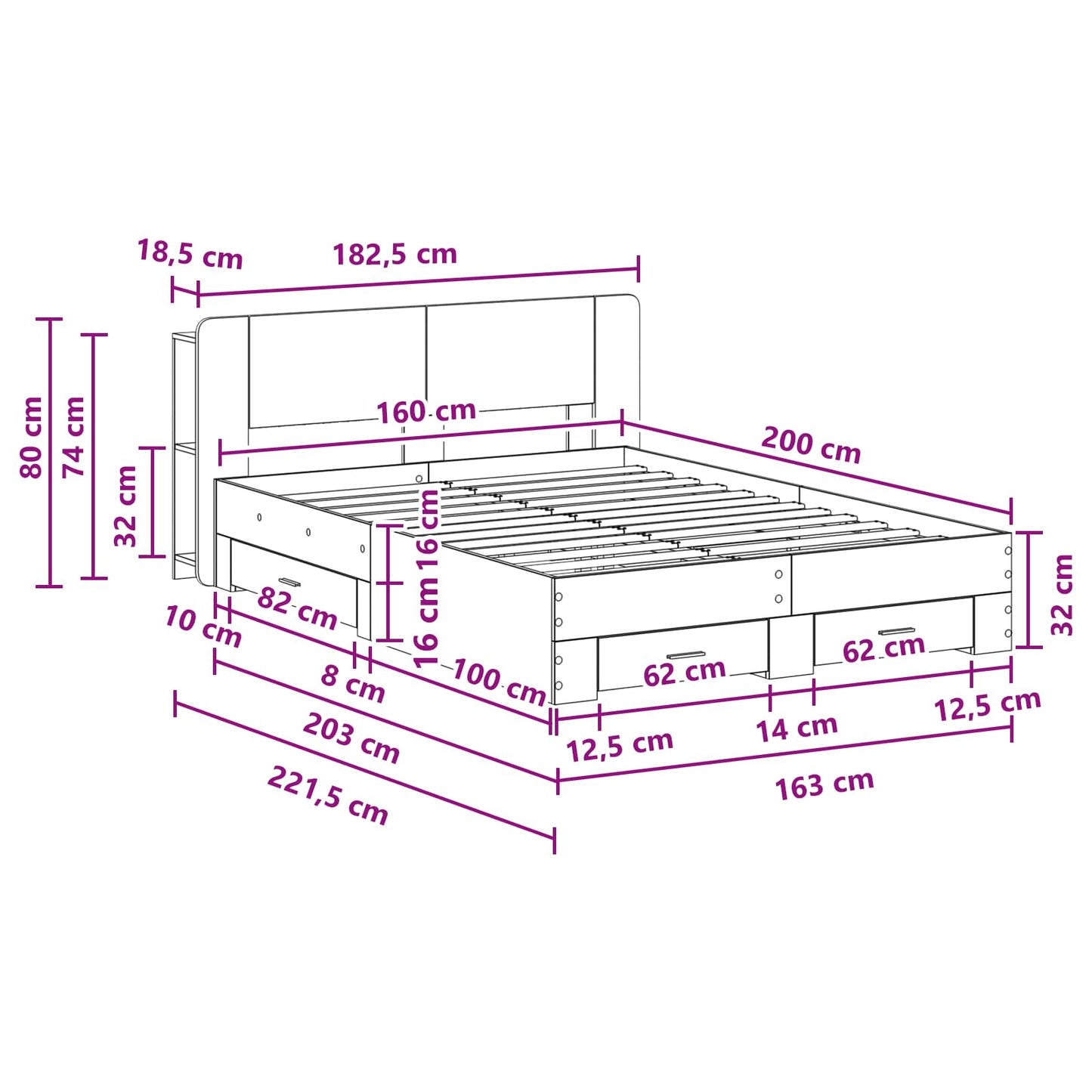Bed Frame with Storage Grey Sonoma 160 x 200 cm Engineered Wood