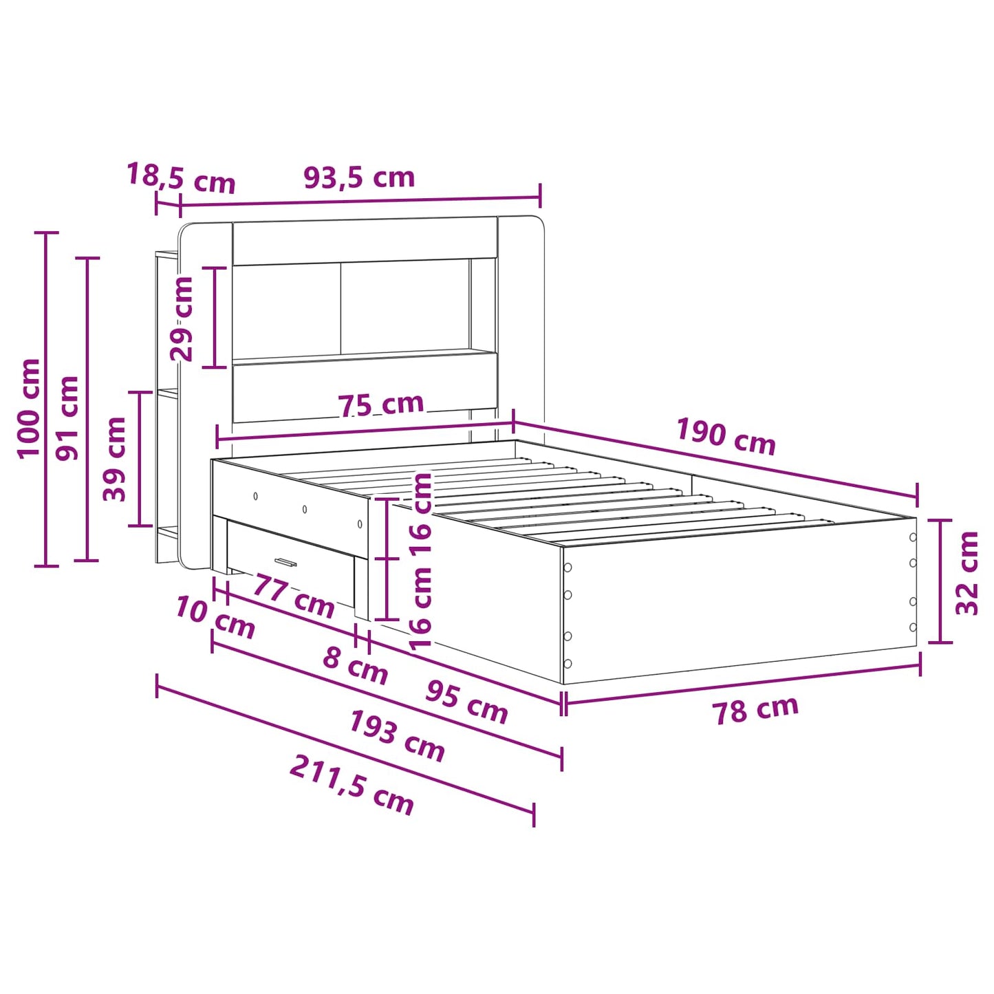 Bed Frame with Storage Smoked Oak 75 x 190 cm Engineered Wood
