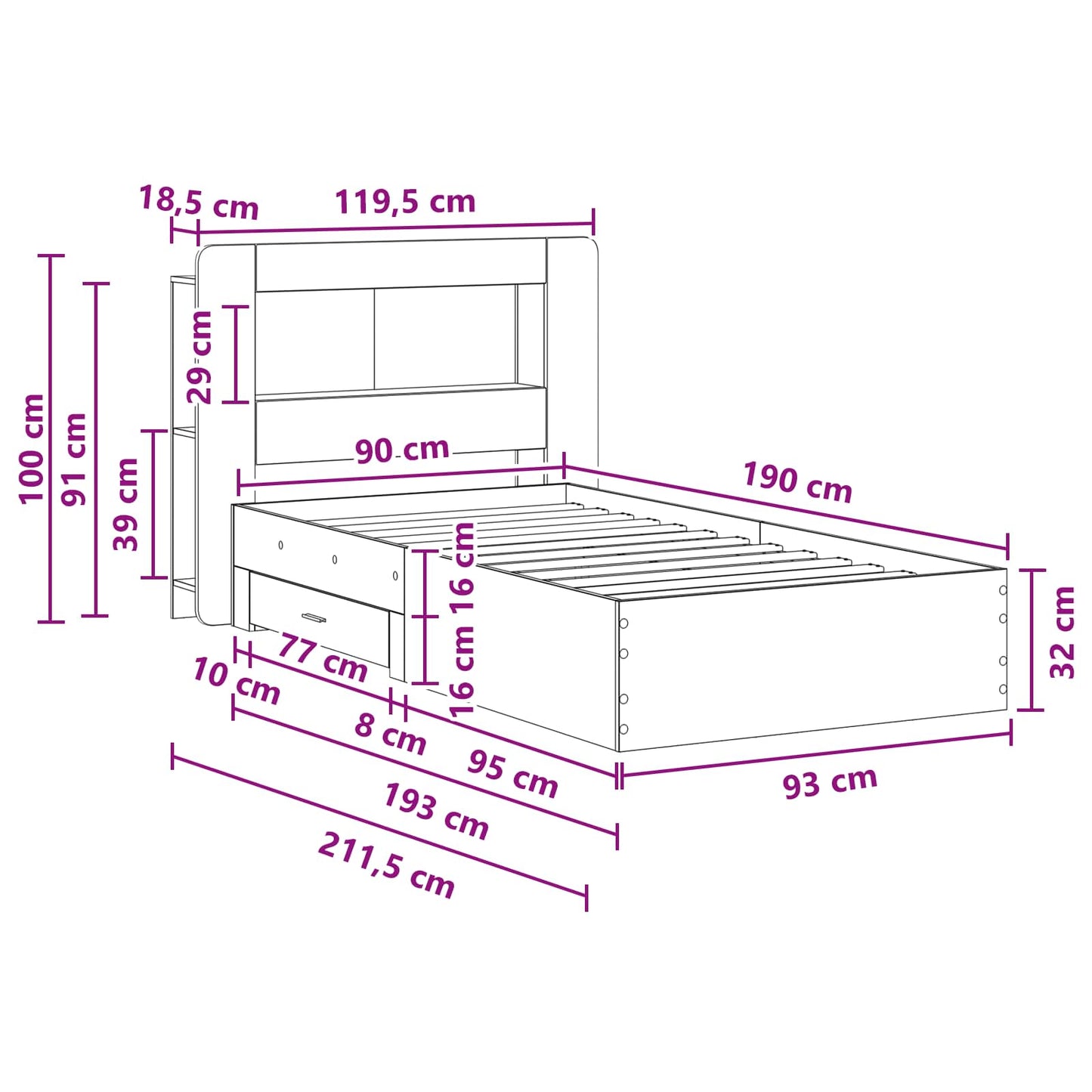 Bed Frame with Storage Smoked Oak 90 x 190 cm Engineered Wood